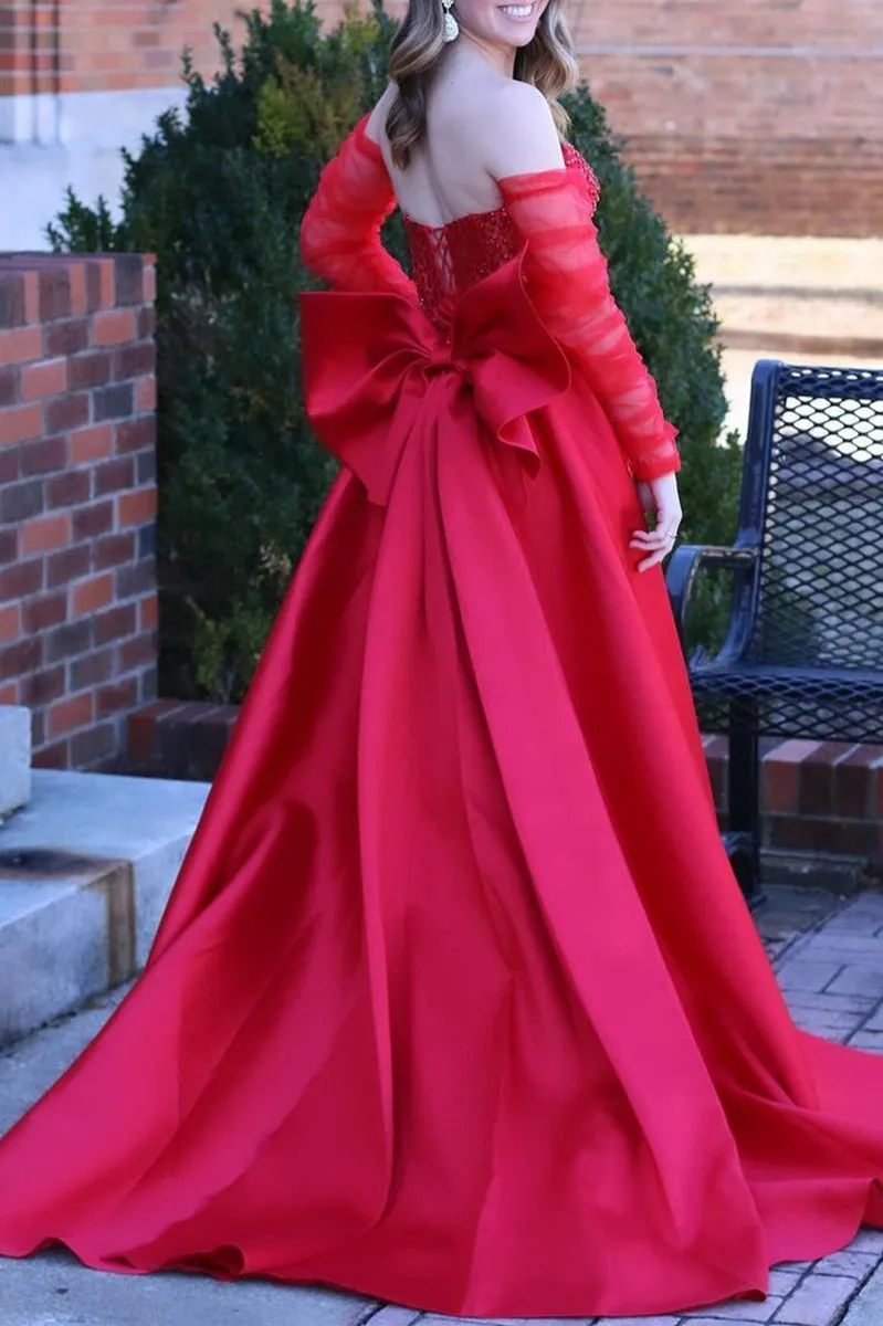 Sweetheart Satin Beaded Long Prom Dresses with Split