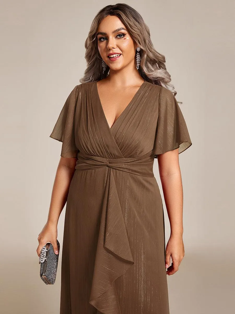 Taille personnalisée Robe d'invité de mariage mi-longue trapèze à manches courtes et paillettes de grande taille avec ourlet à volants