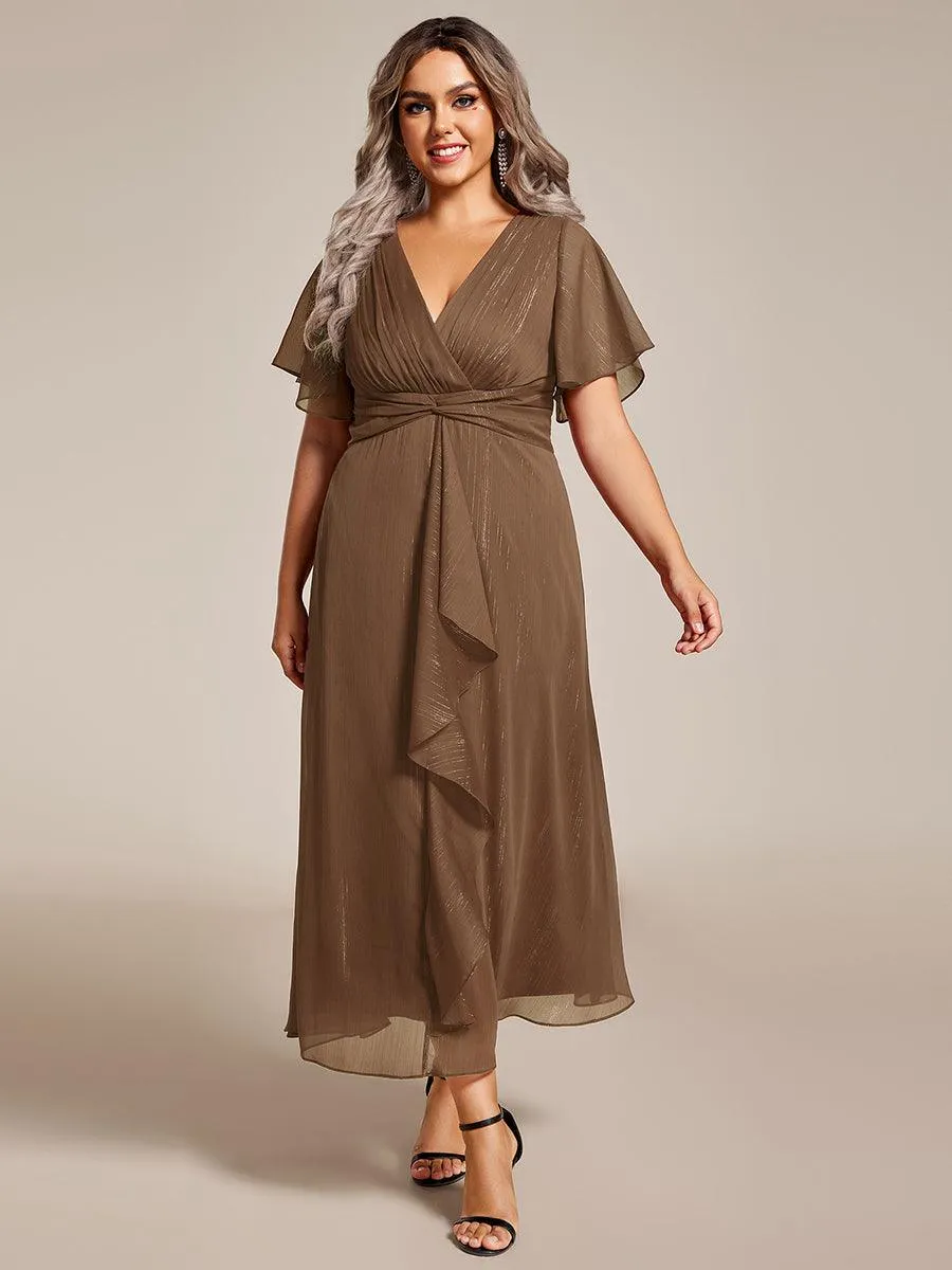 Taille personnalisée Robe d'invité de mariage mi-longue trapèze à manches courtes et paillettes de grande taille avec ourlet à volants