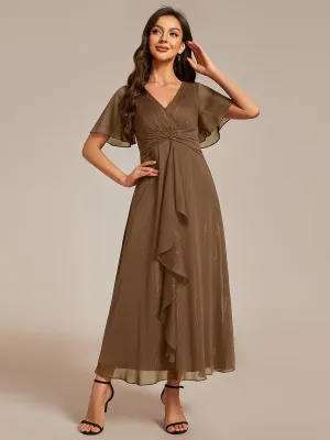 Taille personnalisée Robe d'invité de mariage mi-longue trapèze à manches courtes et paillettes de grande taille avec ourlet à volants