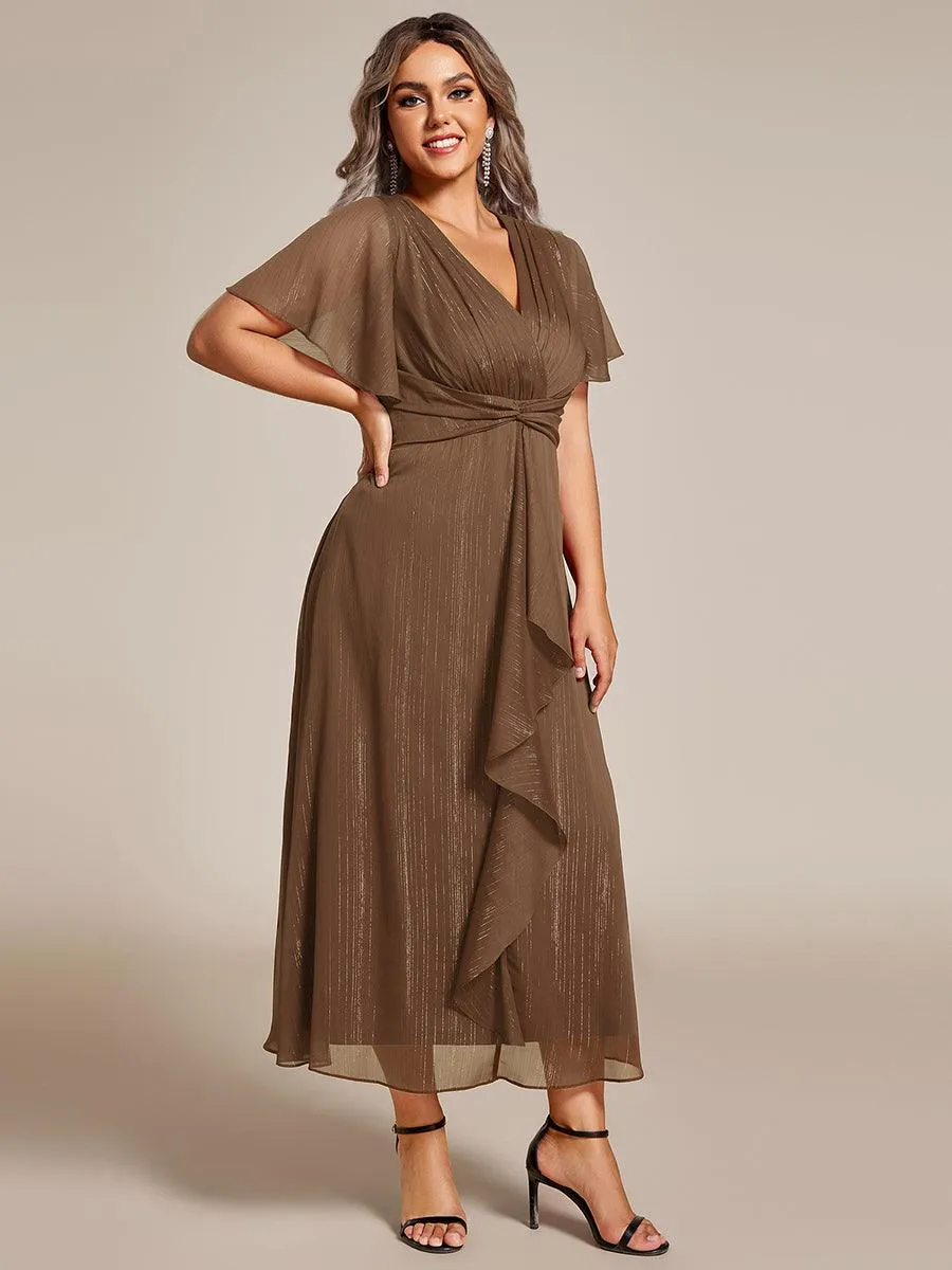 Taille personnalisée Robe d'invité de mariage mi-longue trapèze à manches courtes et paillettes de grande taille avec ourlet à volants