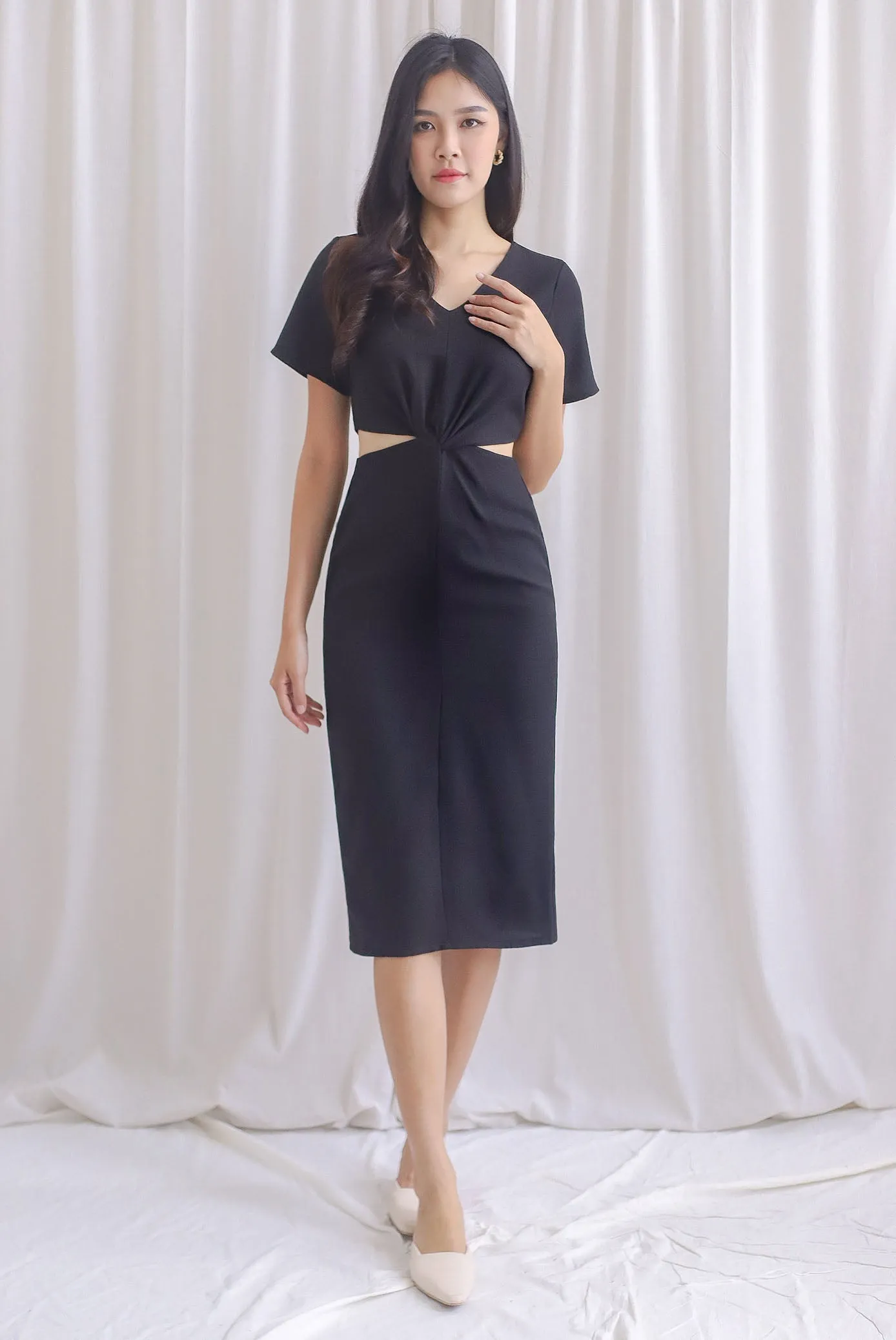 TDC Oreana Tweed Twist Knot Cut Out Dress In Black