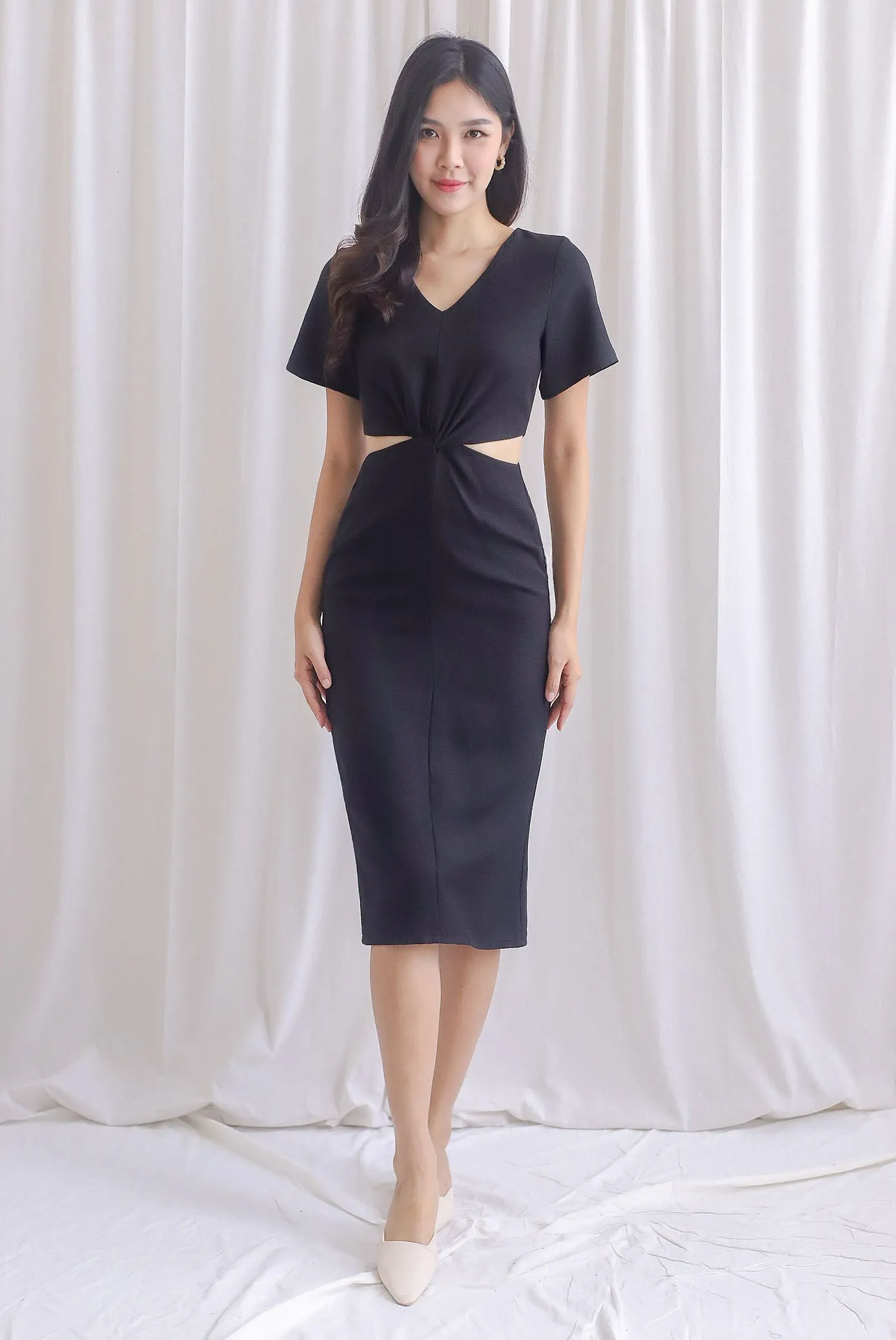 TDC Oreana Tweed Twist Knot Cut Out Dress In Black