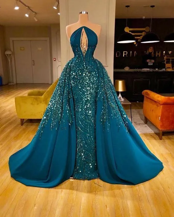 teal green beaded prom dresses 2020 detachable skirt luxury crystals modest prom gown with keyhole