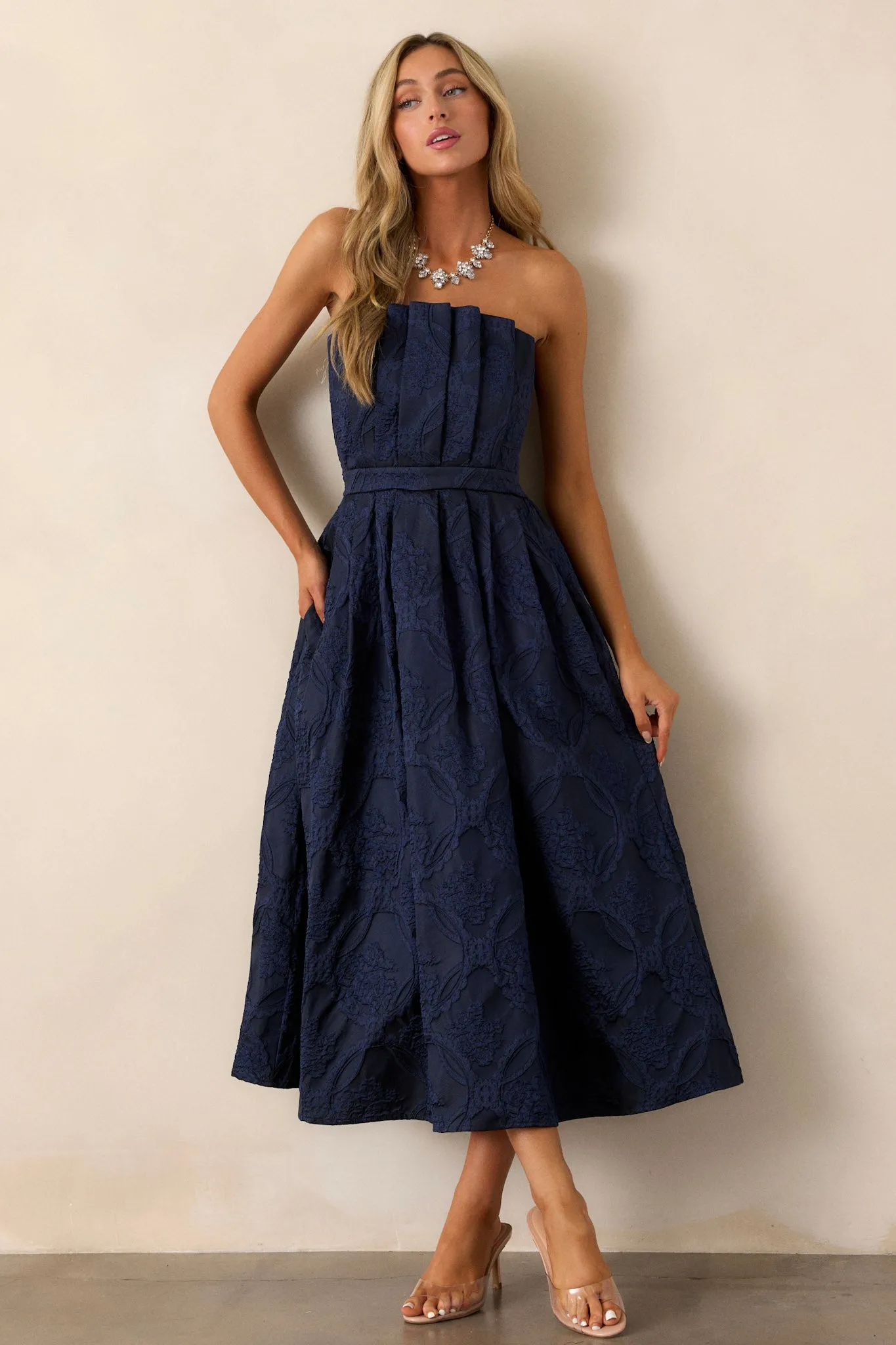 The Genevieve Navy Blue Floral Jacquard Strapless Midi Dress