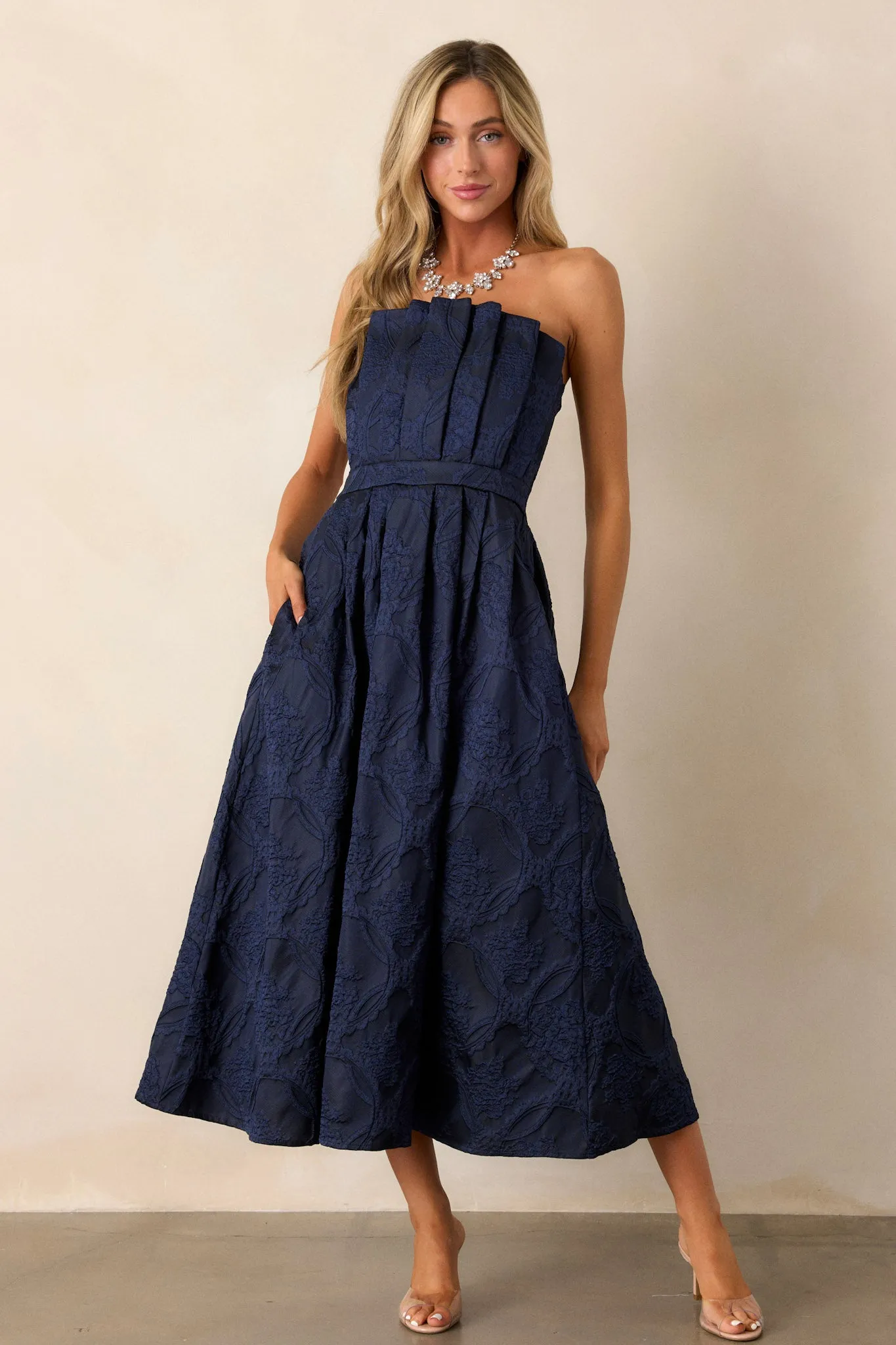 The Genevieve Navy Blue Floral Jacquard Strapless Midi Dress
