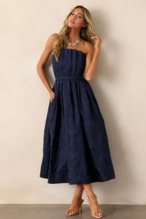 The Genevieve Navy Blue Floral Jacquard Strapless Midi Dress