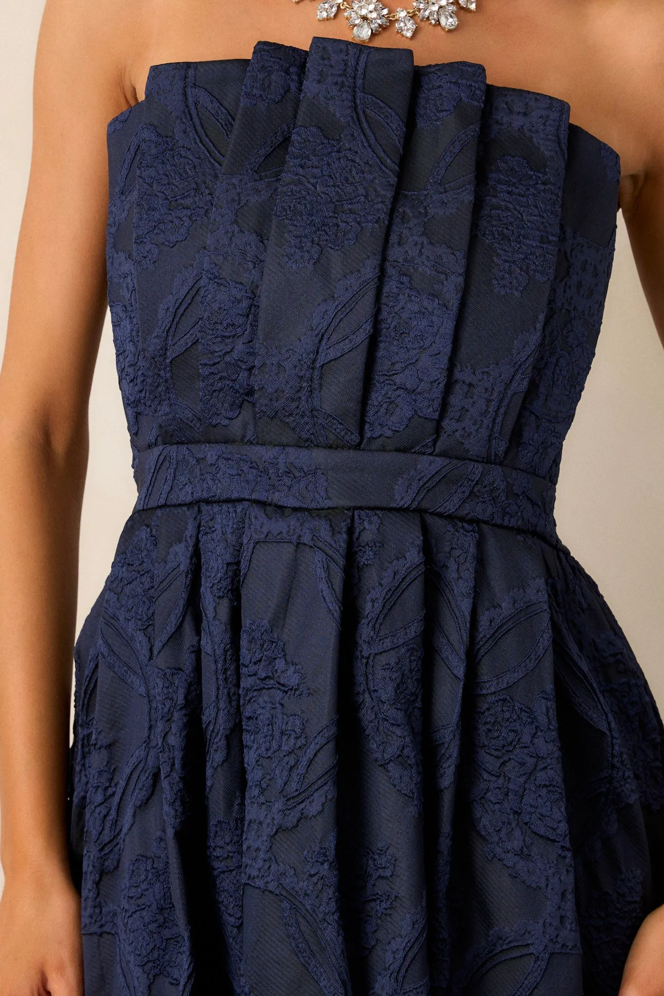 The Genevieve Navy Blue Floral Jacquard Strapless Midi Dress
