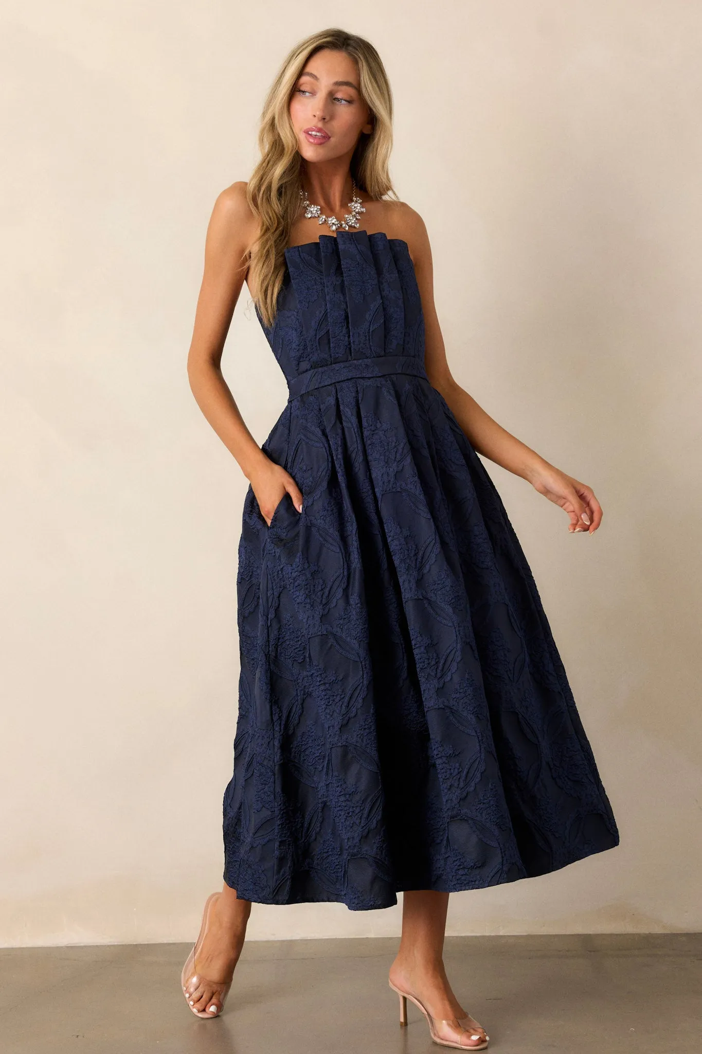 The Genevieve Navy Blue Floral Jacquard Strapless Midi Dress