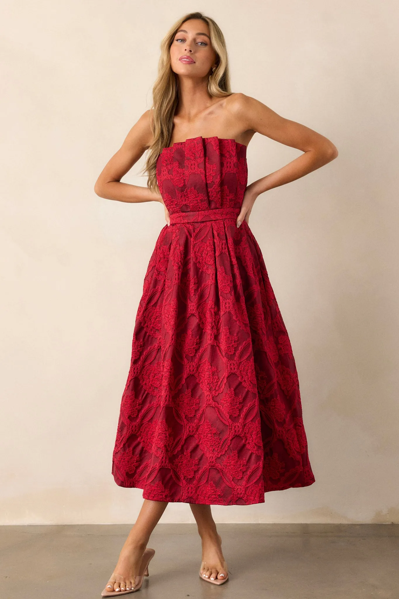 The Genevieve Ruby Red Floral Jacquard Strapless Midi Dress