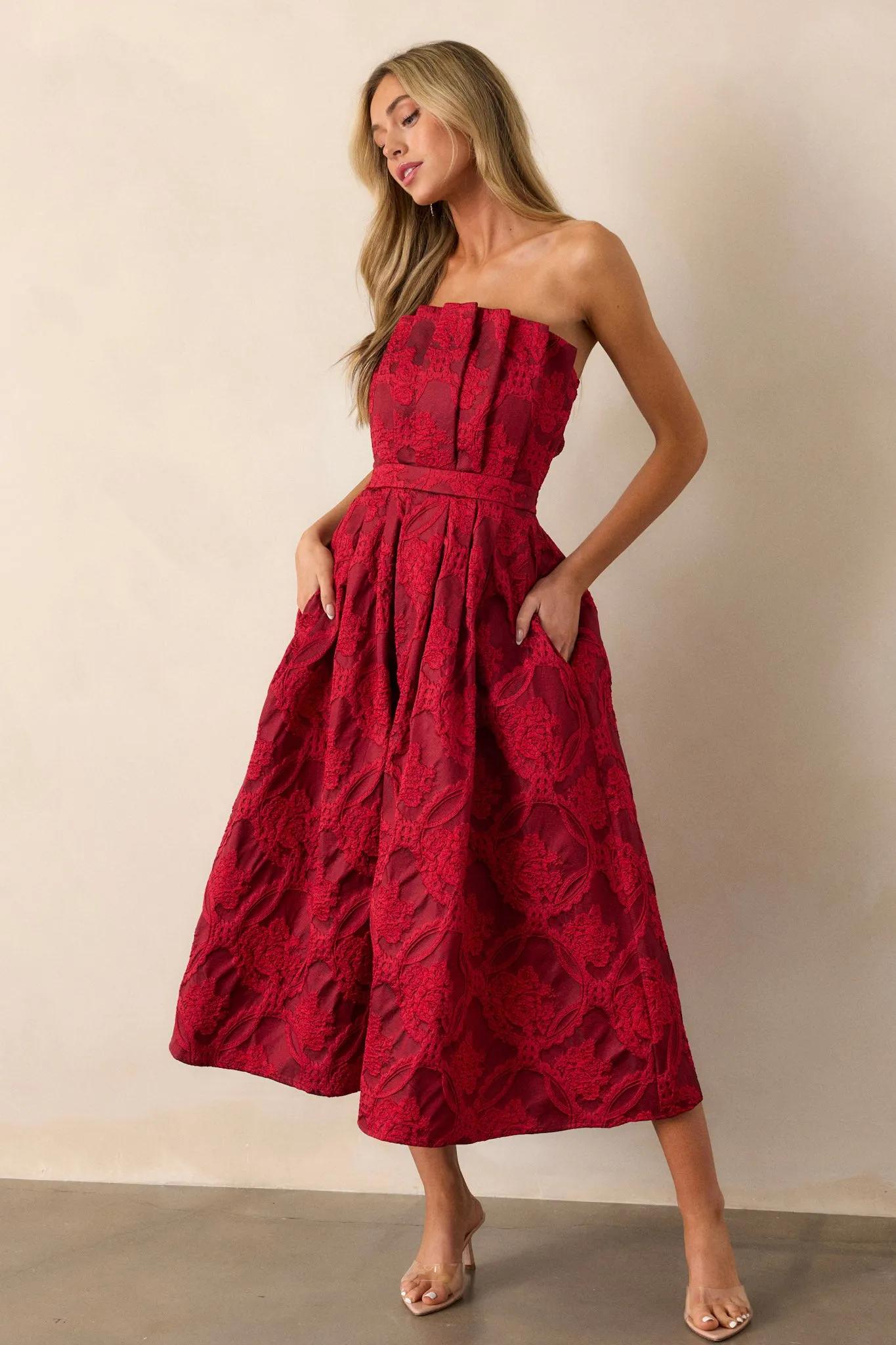 The Genevieve Ruby Red Floral Jacquard Strapless Midi Dress