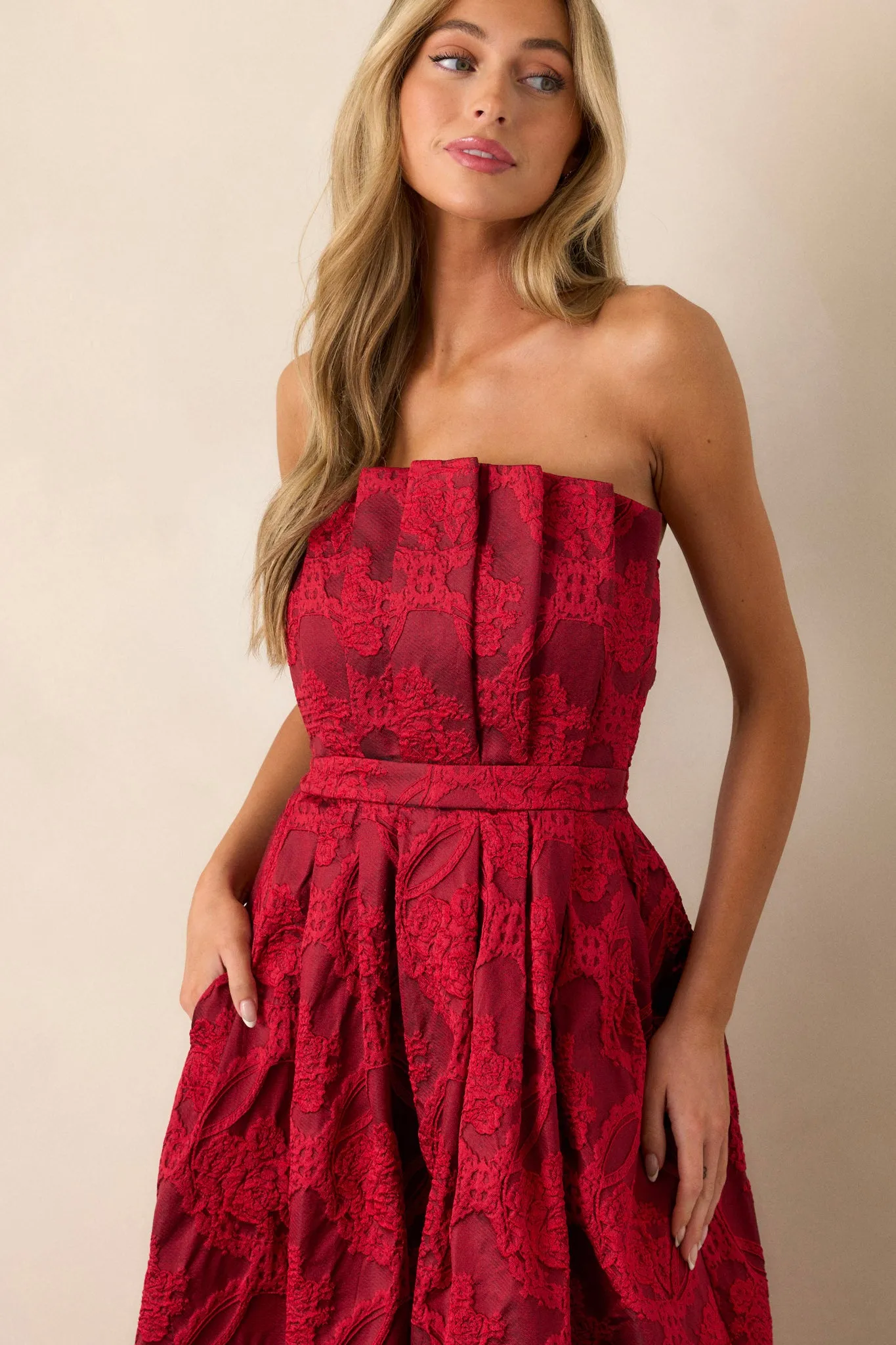 The Genevieve Ruby Red Floral Jacquard Strapless Midi Dress
