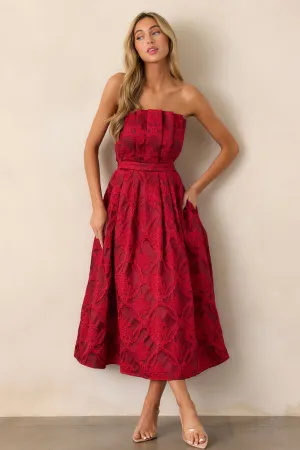 The Genevieve Ruby Red Floral Jacquard Strapless Midi Dress