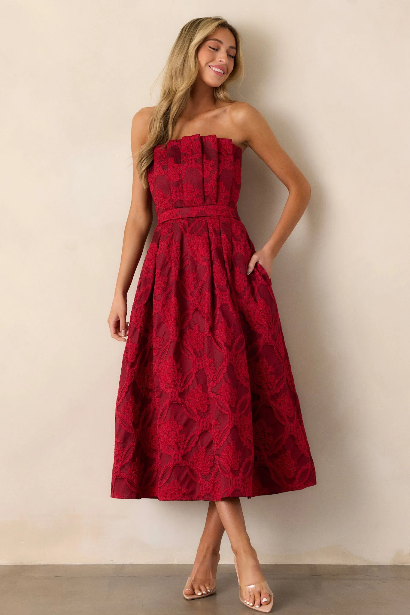The Genevieve Ruby Red Floral Jacquard Strapless Midi Dress