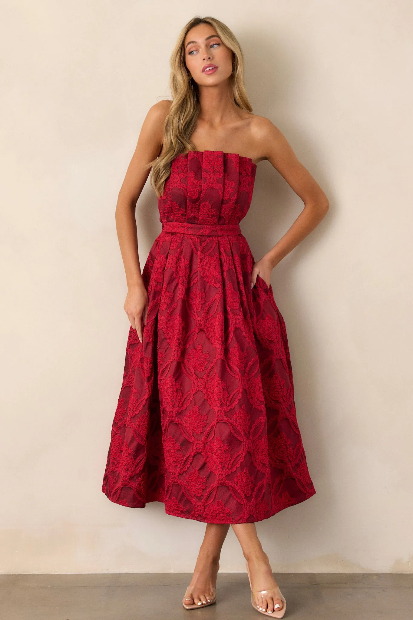 The Genevieve Ruby Red Floral Jacquard Strapless Midi Dress