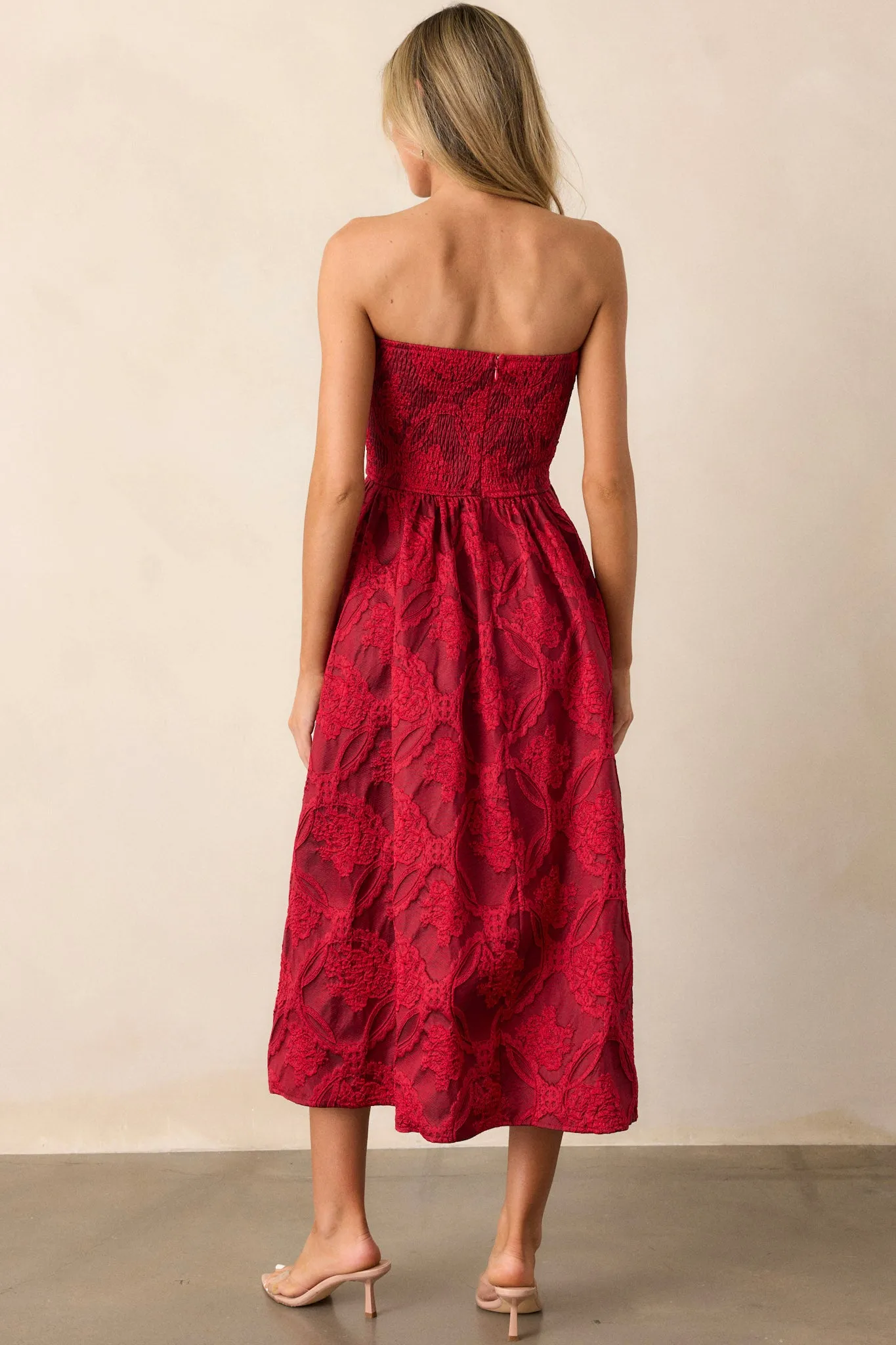 The Genevieve Ruby Red Floral Jacquard Strapless Midi Dress