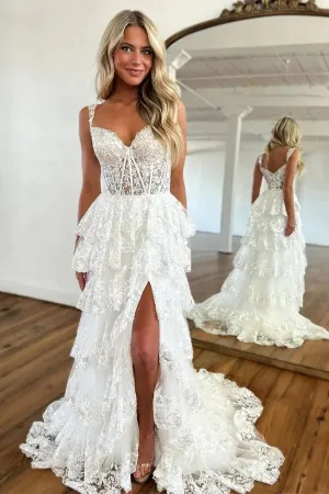 Tiered Tulle A-line Off Shoulder Lace Appliques Prom Dresses With Slit, MP888