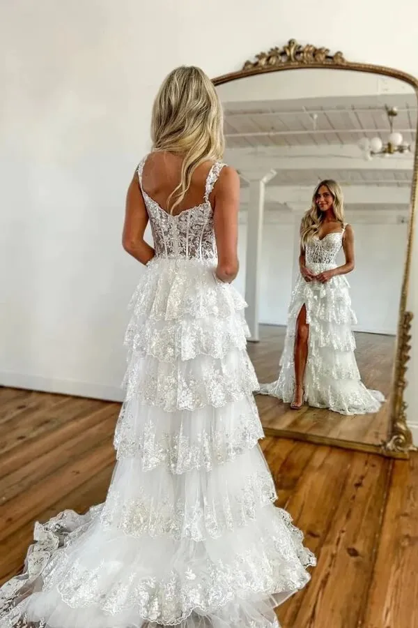 Tiered Tulle A-line Off Shoulder Lace Appliques Prom Dresses With Slit, MP888
