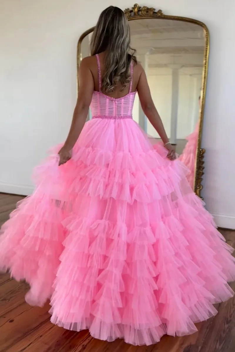 TieRuffle Sweetheart Beaded Long Prom Dresses