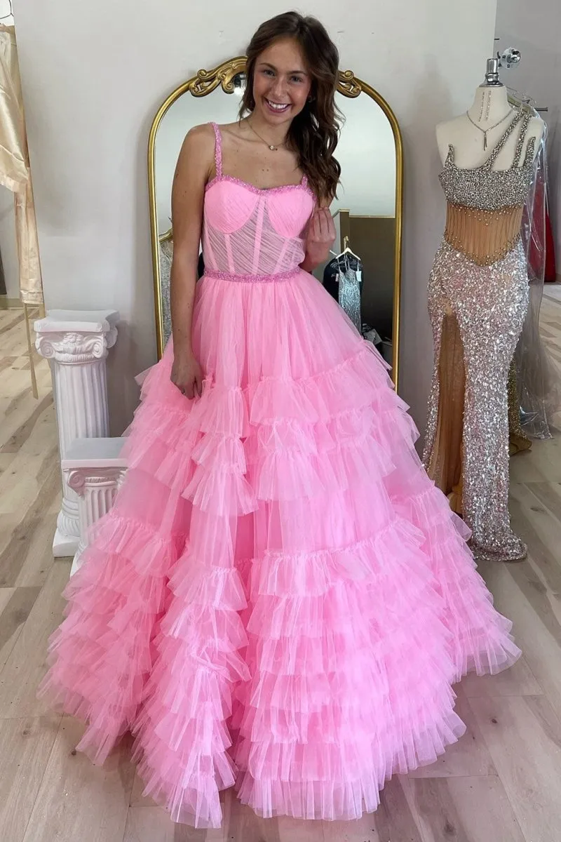 TieRuffle Sweetheart Beaded Long Prom Dresses