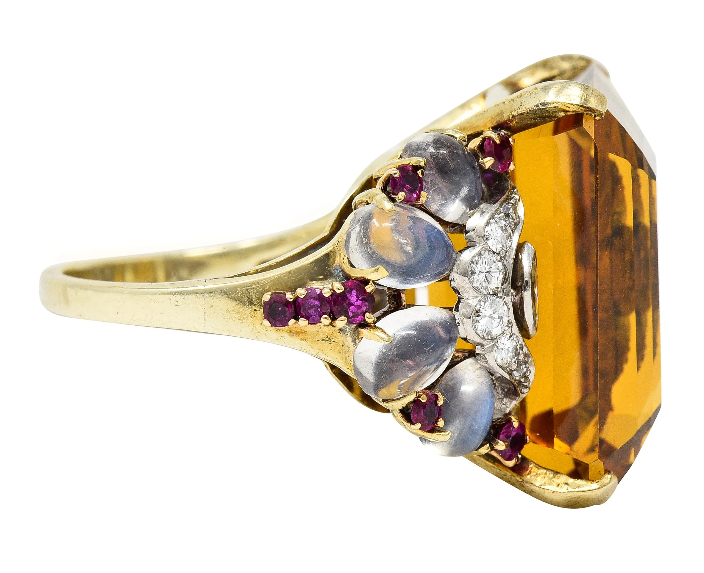 Tiffany & Co. Retro 39.97 CTW Emerald Cut Citrine Diamond Ruby Moonstone Cabochon Platinum 14 Karat Yellow Gold Vintage Cocktail Ring