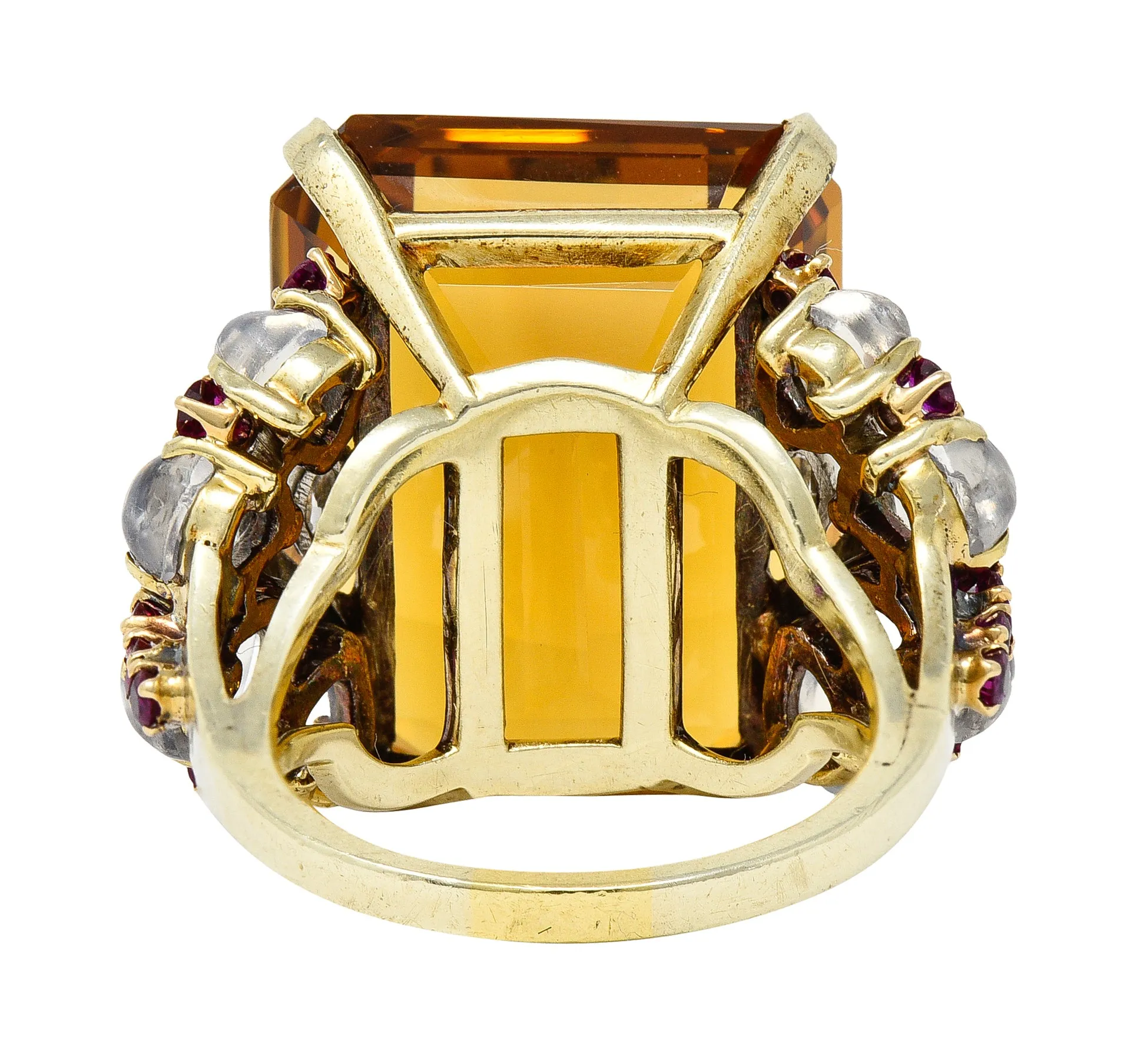 Tiffany & Co. Retro 39.97 CTW Emerald Cut Citrine Diamond Ruby Moonstone Cabochon Platinum 14 Karat Yellow Gold Vintage Cocktail Ring