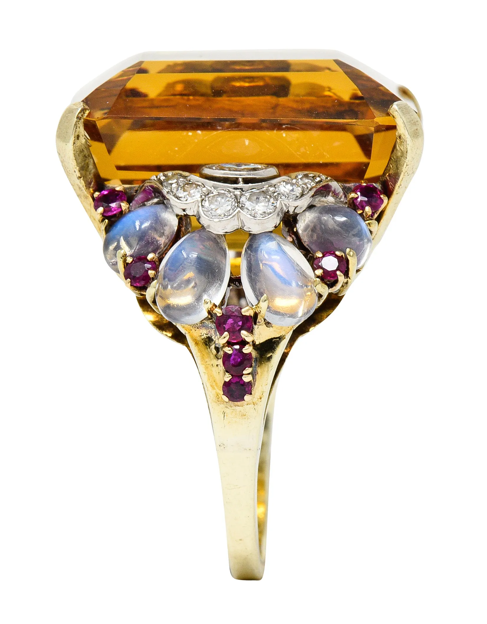 Tiffany & Co. Retro 39.97 CTW Emerald Cut Citrine Diamond Ruby Moonstone Cabochon Platinum 14 Karat Yellow Gold Vintage Cocktail Ring