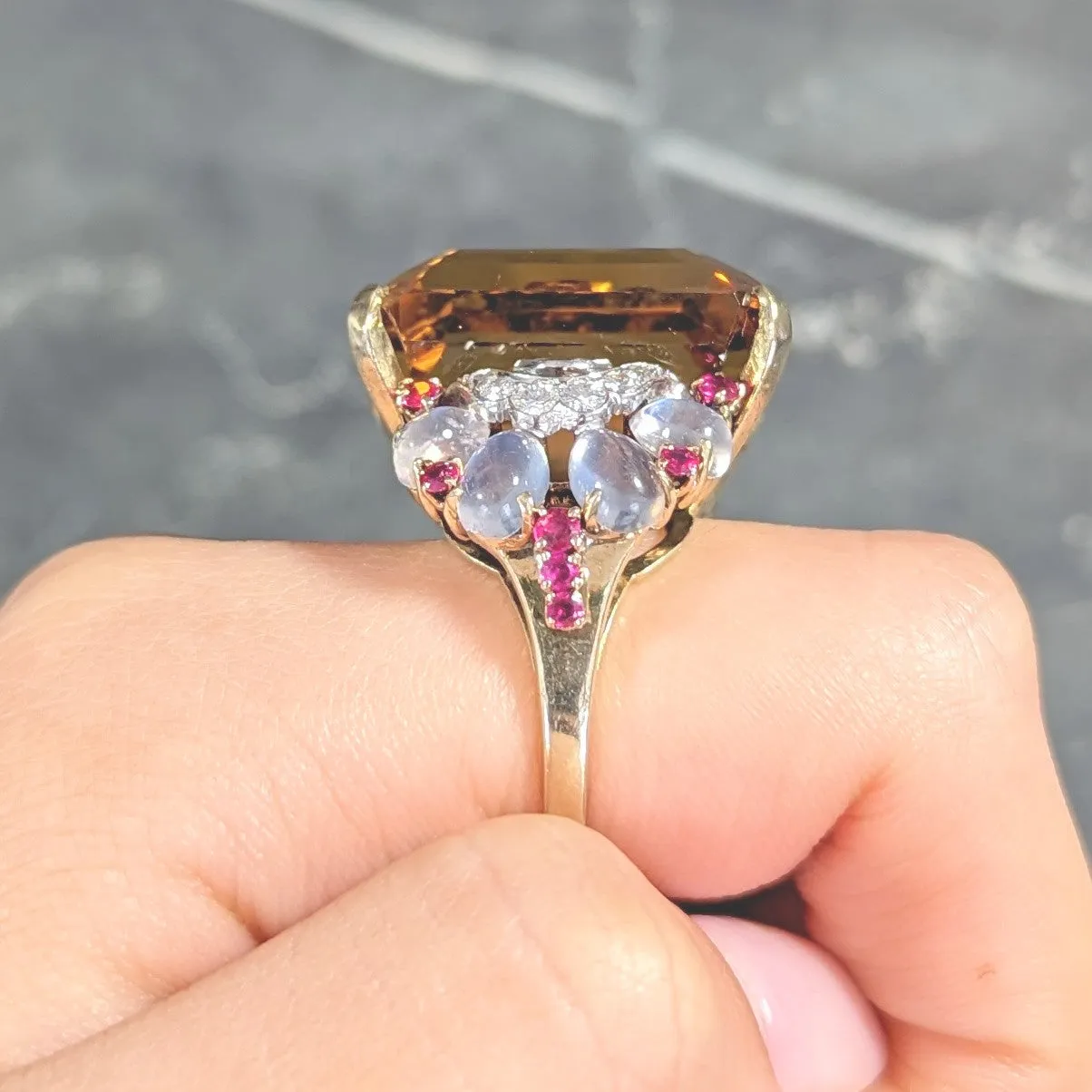 Tiffany & Co. Retro 39.97 CTW Emerald Cut Citrine Diamond Ruby Moonstone Cabochon Platinum 14 Karat Yellow Gold Vintage Cocktail Ring