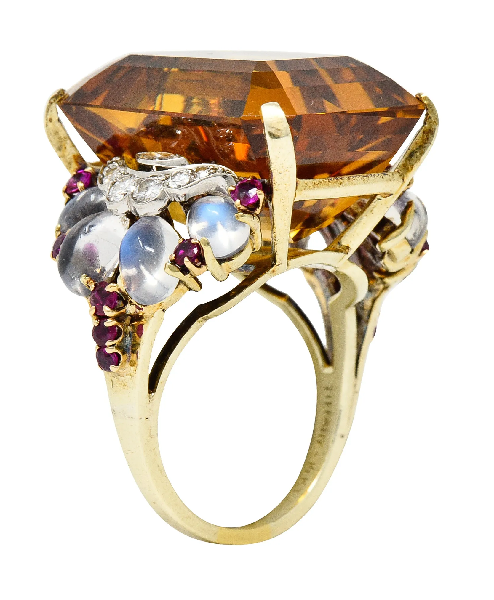 Tiffany & Co. Retro 39.97 CTW Emerald Cut Citrine Diamond Ruby Moonstone Cabochon Platinum 14 Karat Yellow Gold Vintage Cocktail Ring
