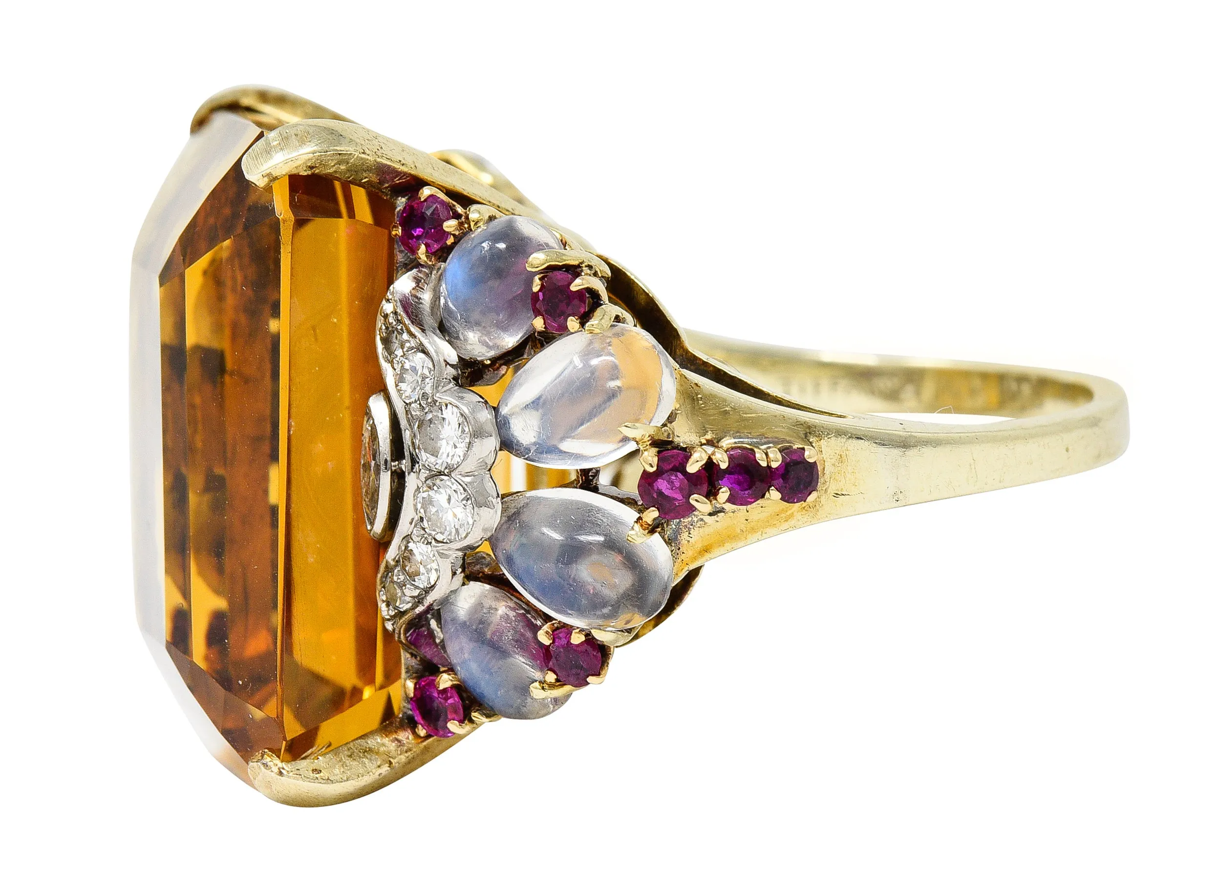 Tiffany & Co. Retro 39.97 CTW Emerald Cut Citrine Diamond Ruby Moonstone Cabochon Platinum 14 Karat Yellow Gold Vintage Cocktail Ring