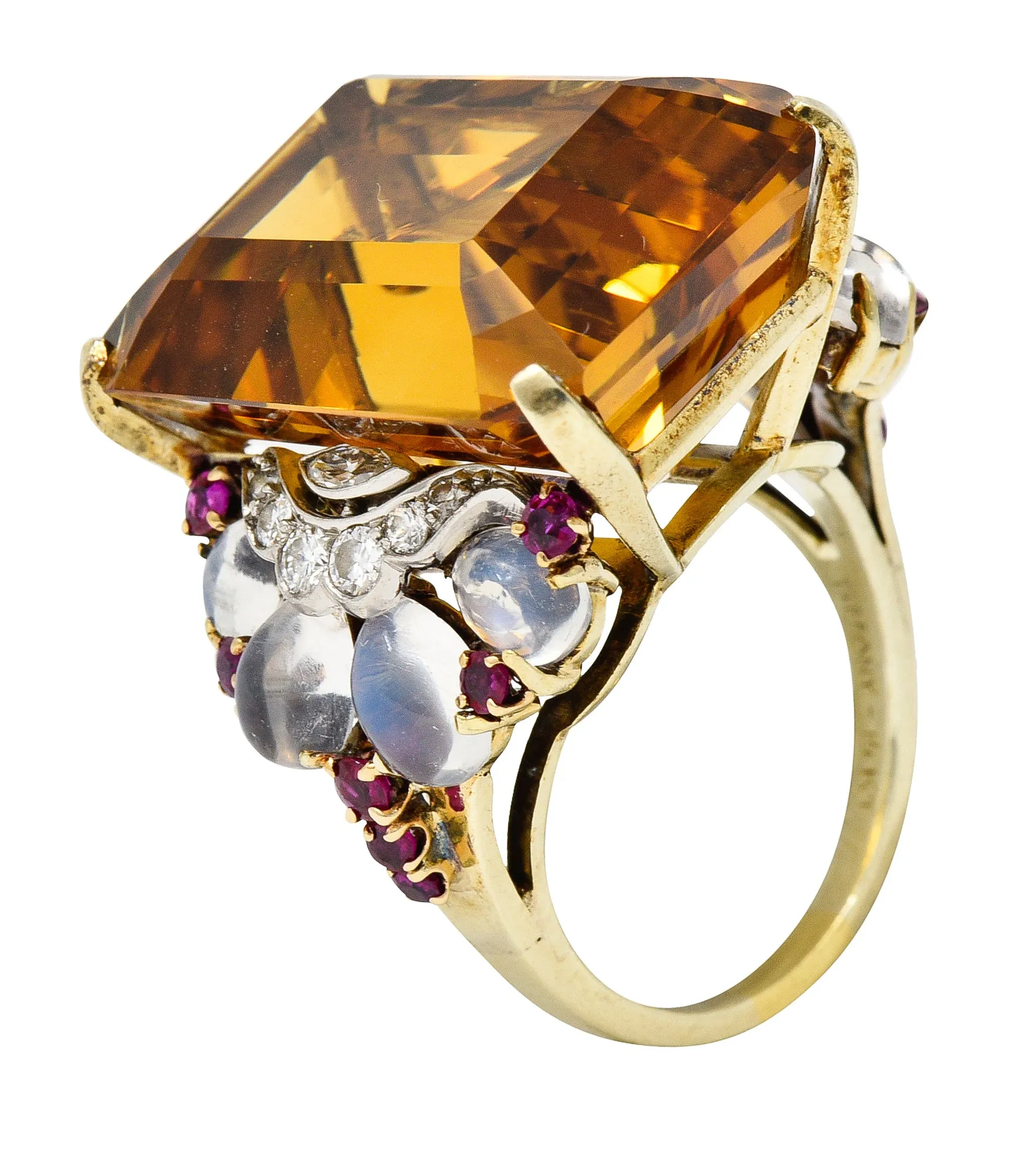 Tiffany & Co. Retro 39.97 CTW Emerald Cut Citrine Diamond Ruby Moonstone Cabochon Platinum 14 Karat Yellow Gold Vintage Cocktail Ring
