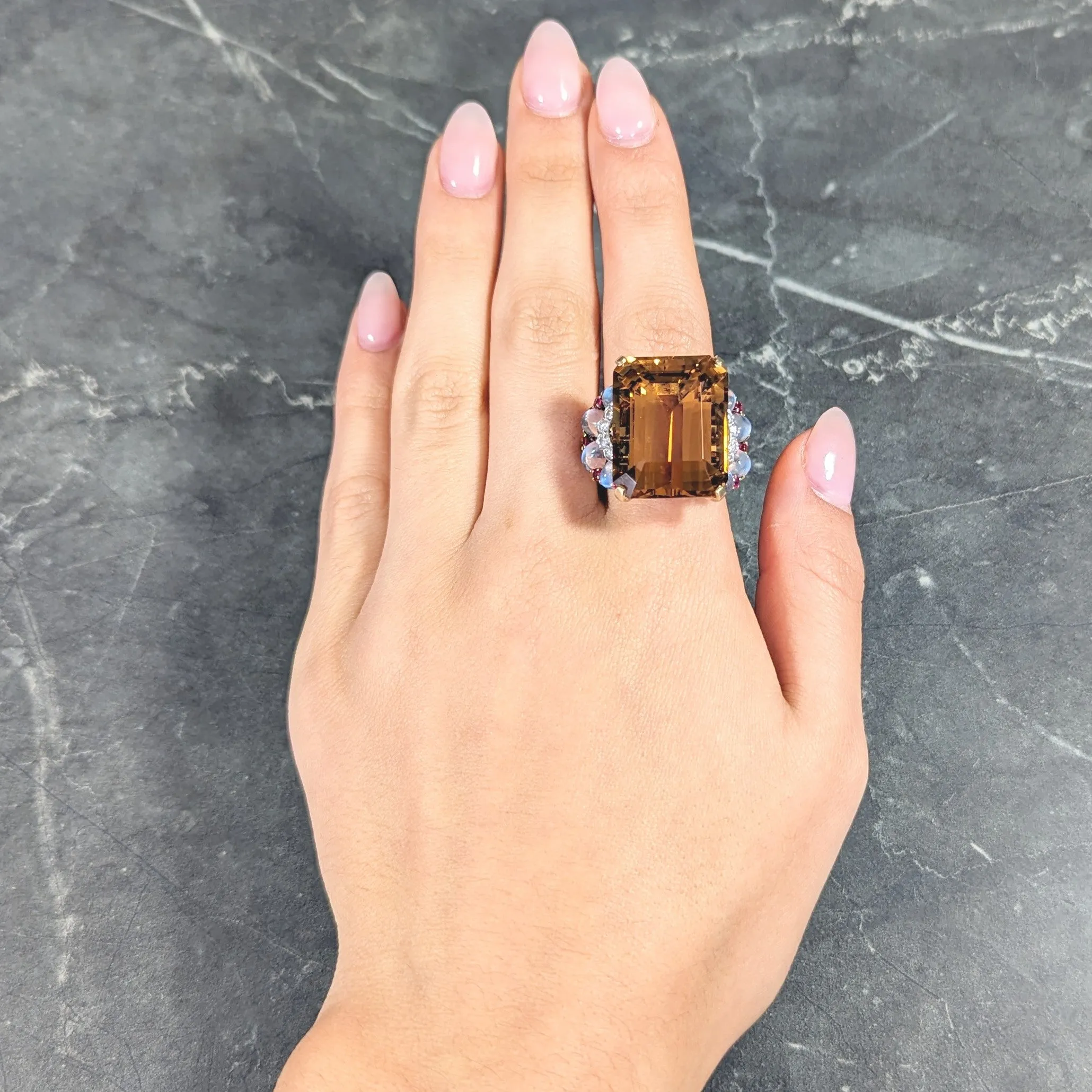Tiffany & Co. Retro 39.97 CTW Emerald Cut Citrine Diamond Ruby Moonstone Cabochon Platinum 14 Karat Yellow Gold Vintage Cocktail Ring