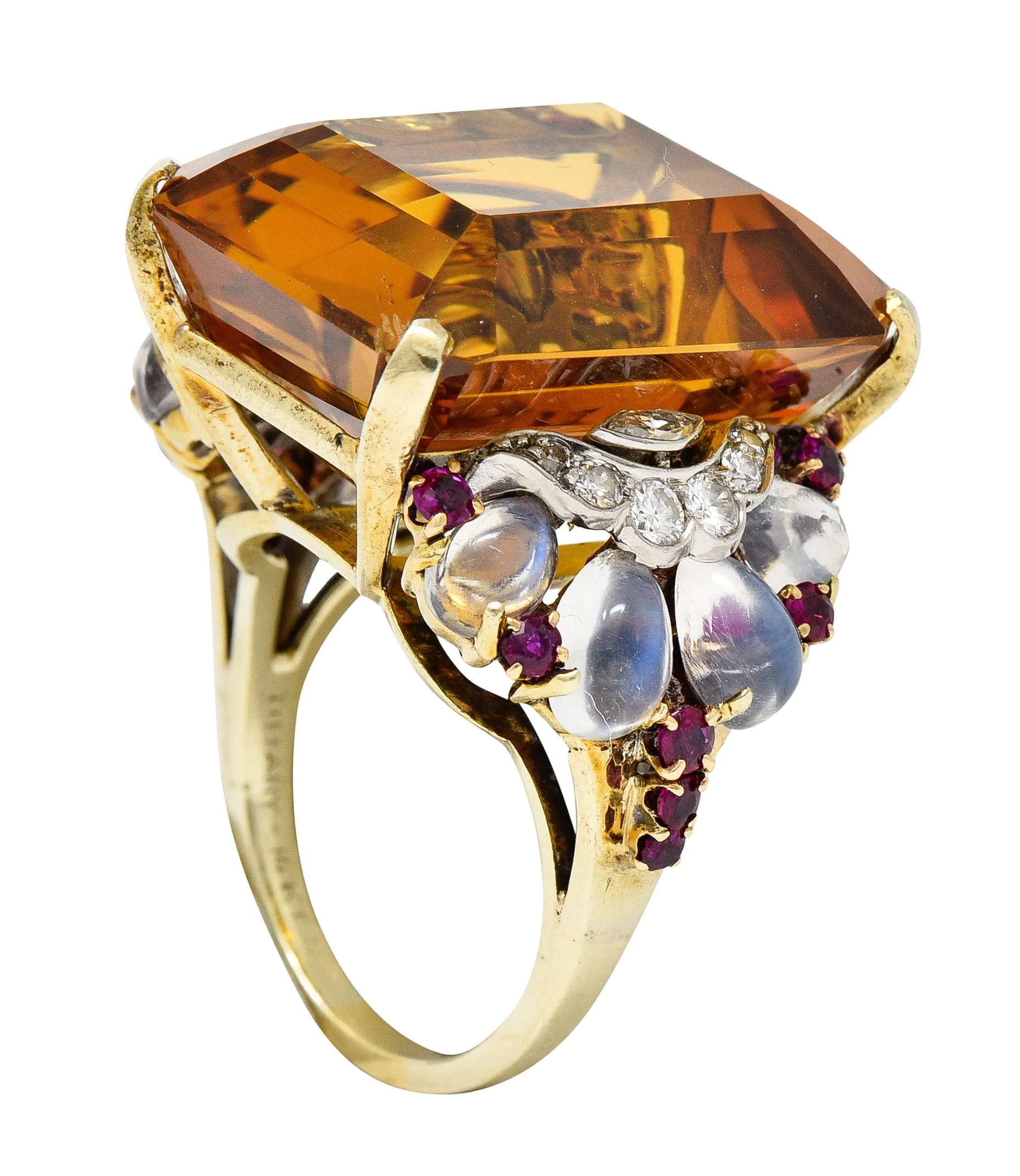 Tiffany & Co. Retro 39.97 CTW Emerald Cut Citrine Diamond Ruby Moonstone Cabochon Platinum 14 Karat Yellow Gold Vintage Cocktail Ring