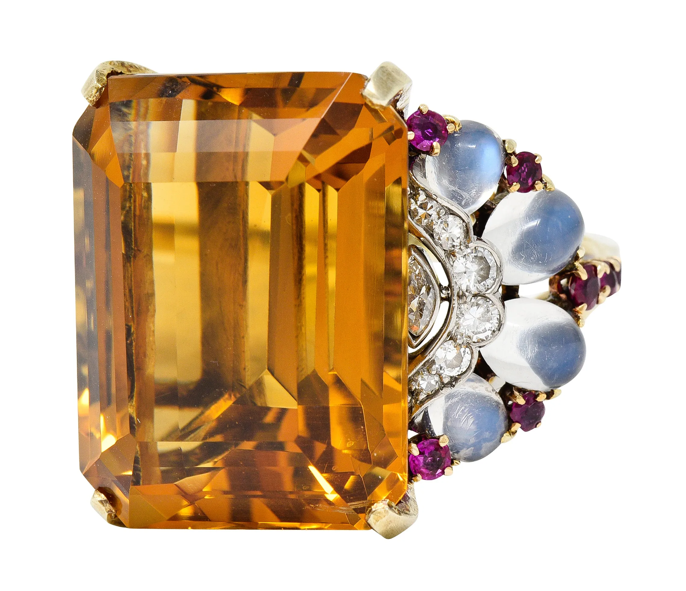 Tiffany & Co. Retro 39.97 CTW Emerald Cut Citrine Diamond Ruby Moonstone Cabochon Platinum 14 Karat Yellow Gold Vintage Cocktail Ring