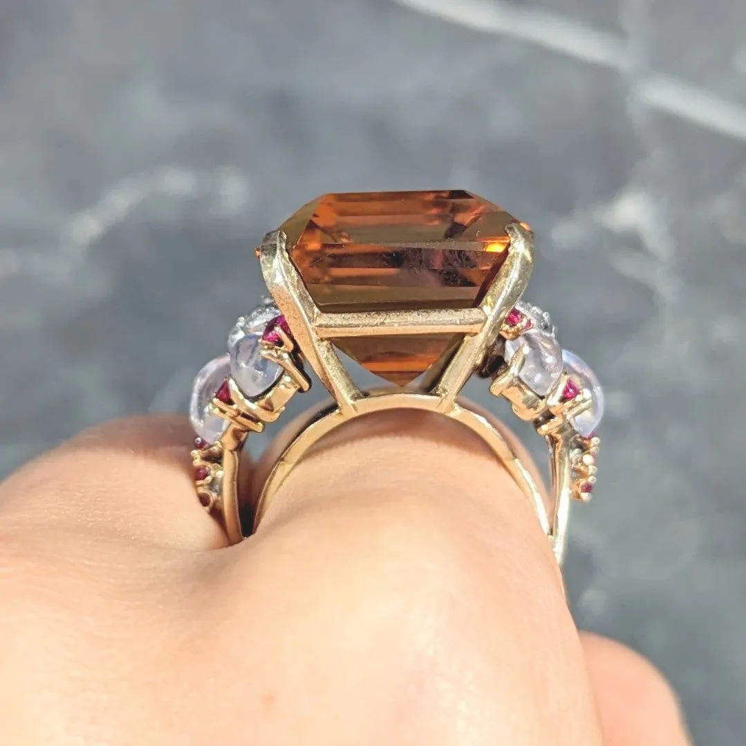 Tiffany & Co. Retro 39.97 CTW Emerald Cut Citrine Diamond Ruby Moonstone Cabochon Platinum 14 Karat Yellow Gold Vintage Cocktail Ring
