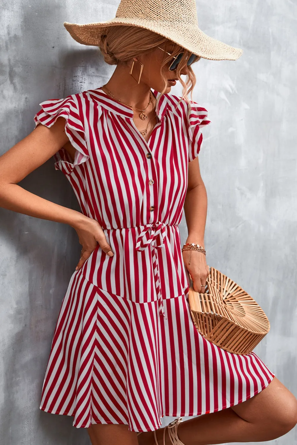 Tristyn Ruffled Striped Cap Sleeve Mini Dress