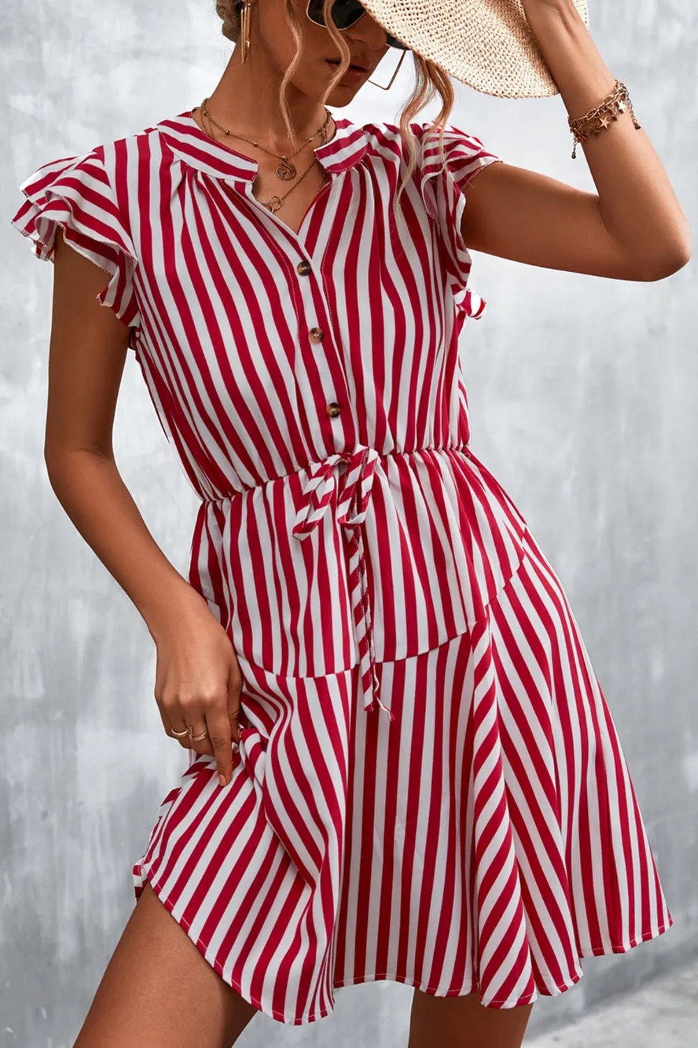Tristyn Ruffled Striped Cap Sleeve Mini Dress