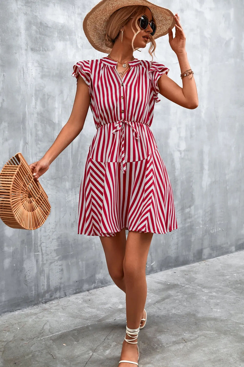Tristyn Ruffled Striped Cap Sleeve Mini Dress