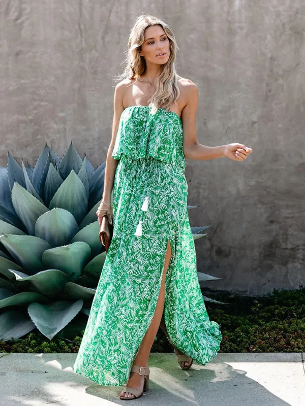Tropical Leaf Print Maxi Dress with Ruffled Off-the-Shoulder Design