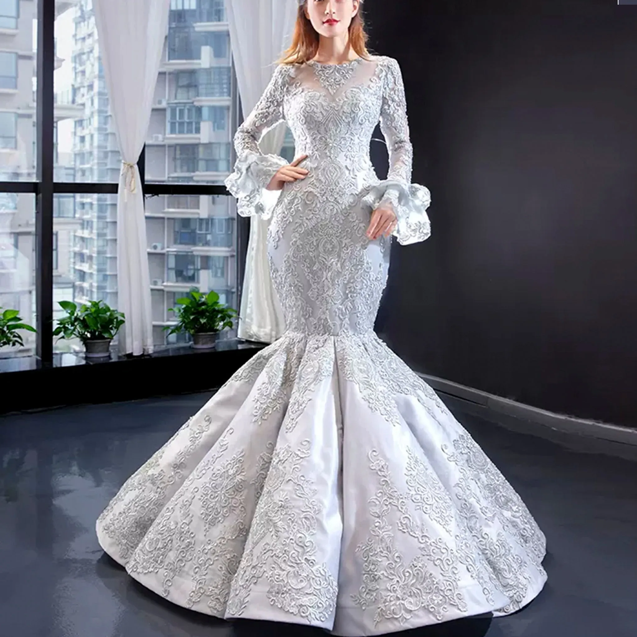 Trumpet Lace Overlay Wedding Dress With Long Sleeve