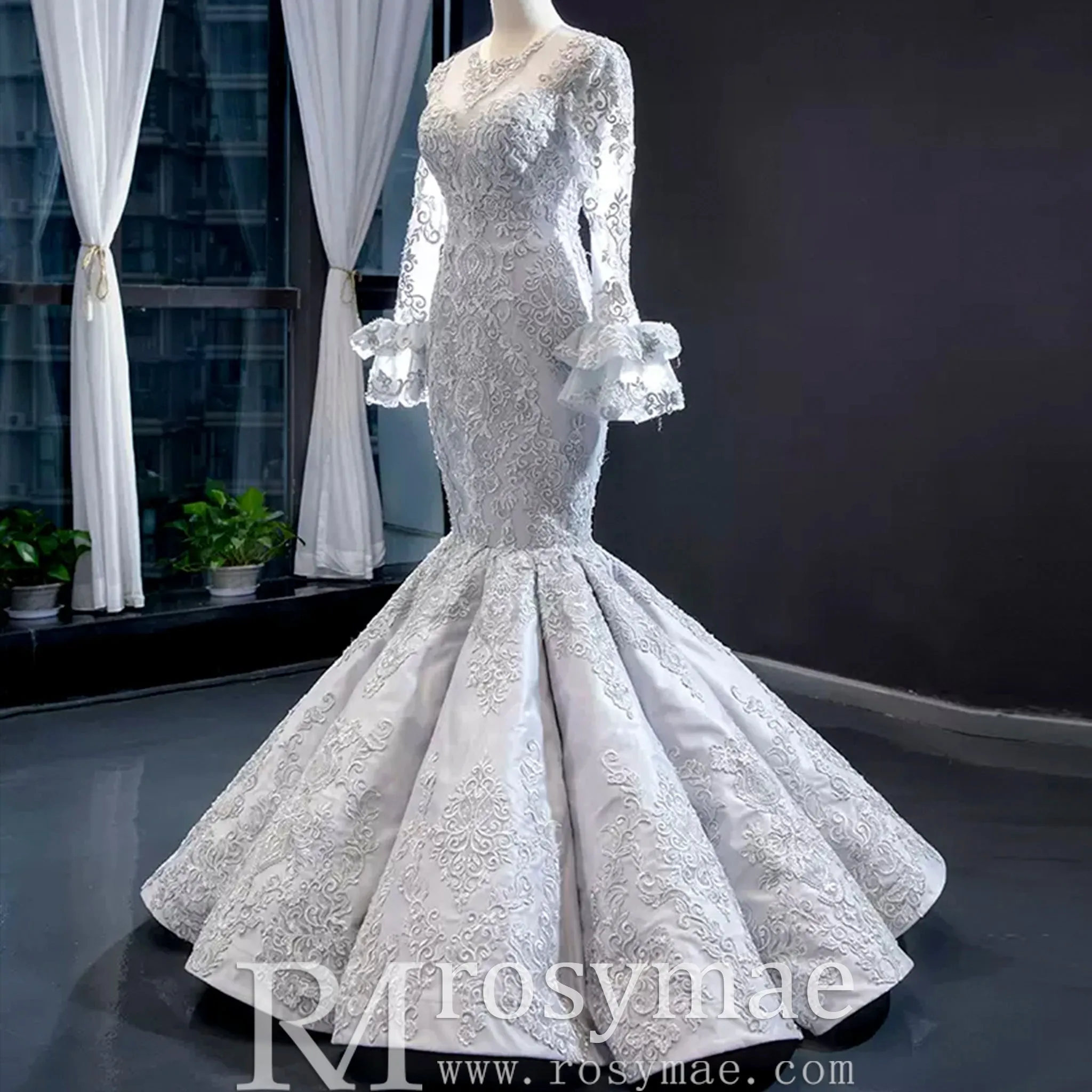 Trumpet Lace Overlay Wedding Dress With Long Sleeve