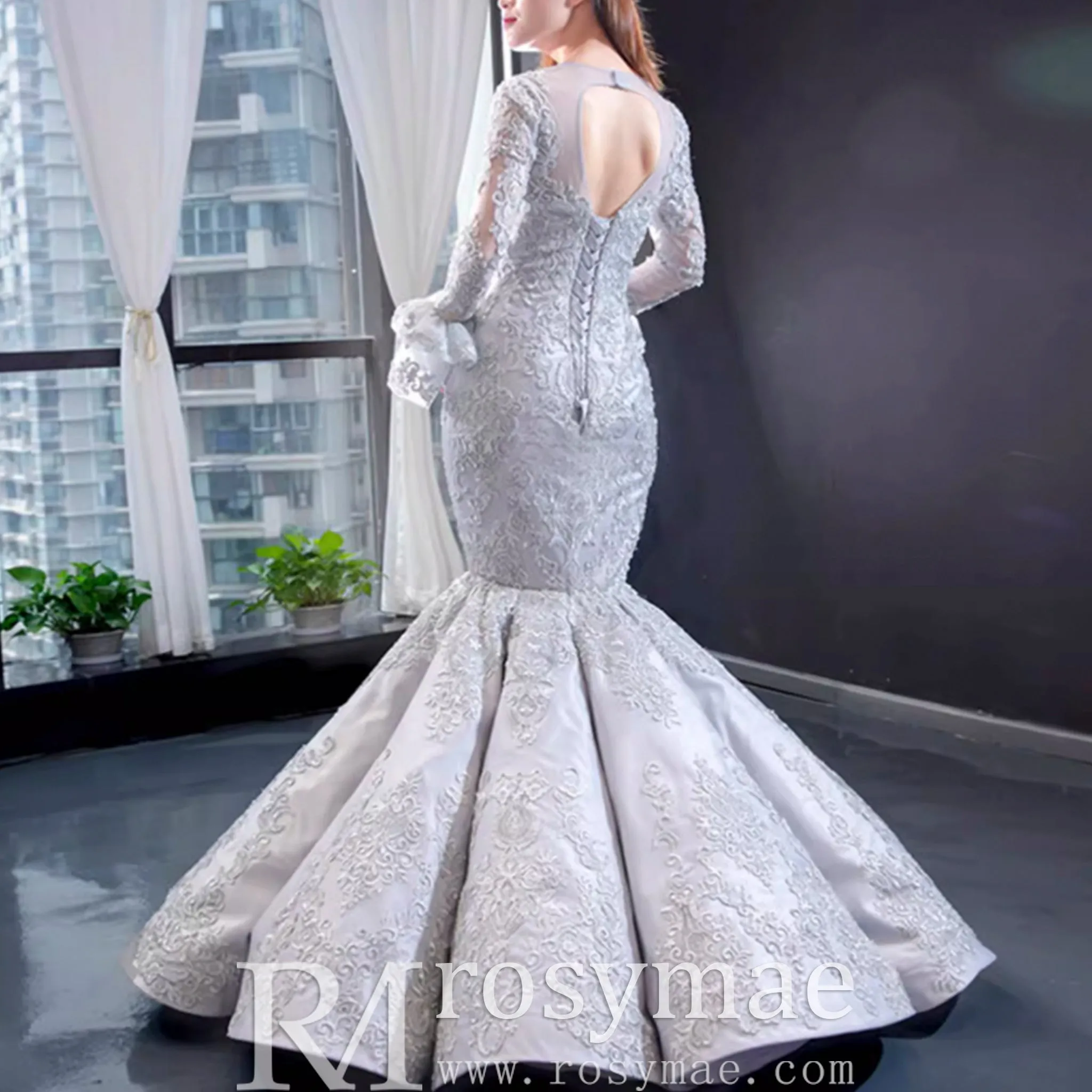 Trumpet Lace Overlay Wedding Dress With Long Sleeve