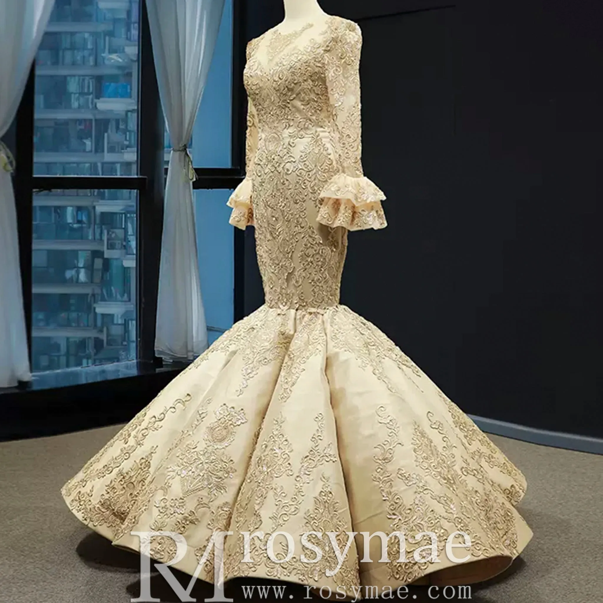 Trumpet Lace Overlay Wedding Dress With Long Sleeve