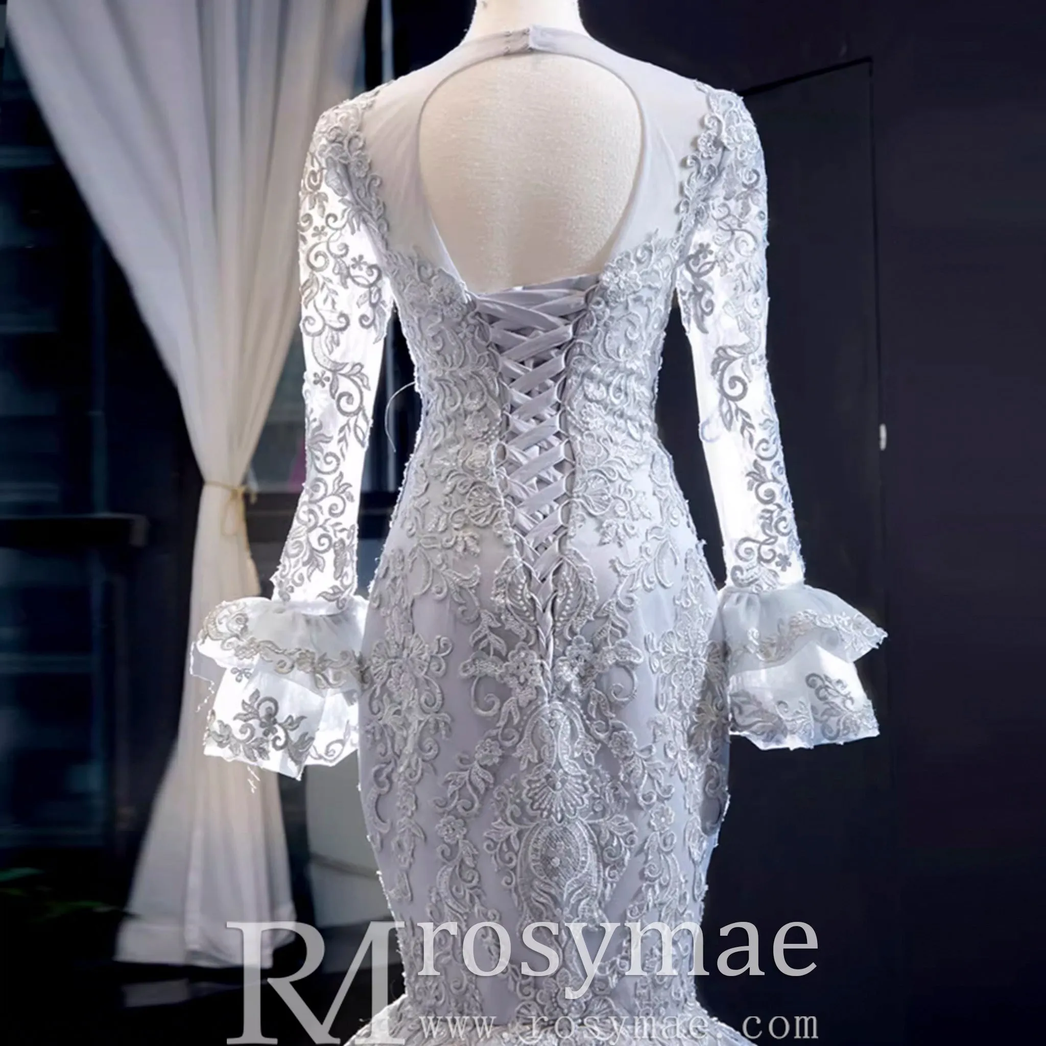 Trumpet Lace Overlay Wedding Dress With Long Sleeve