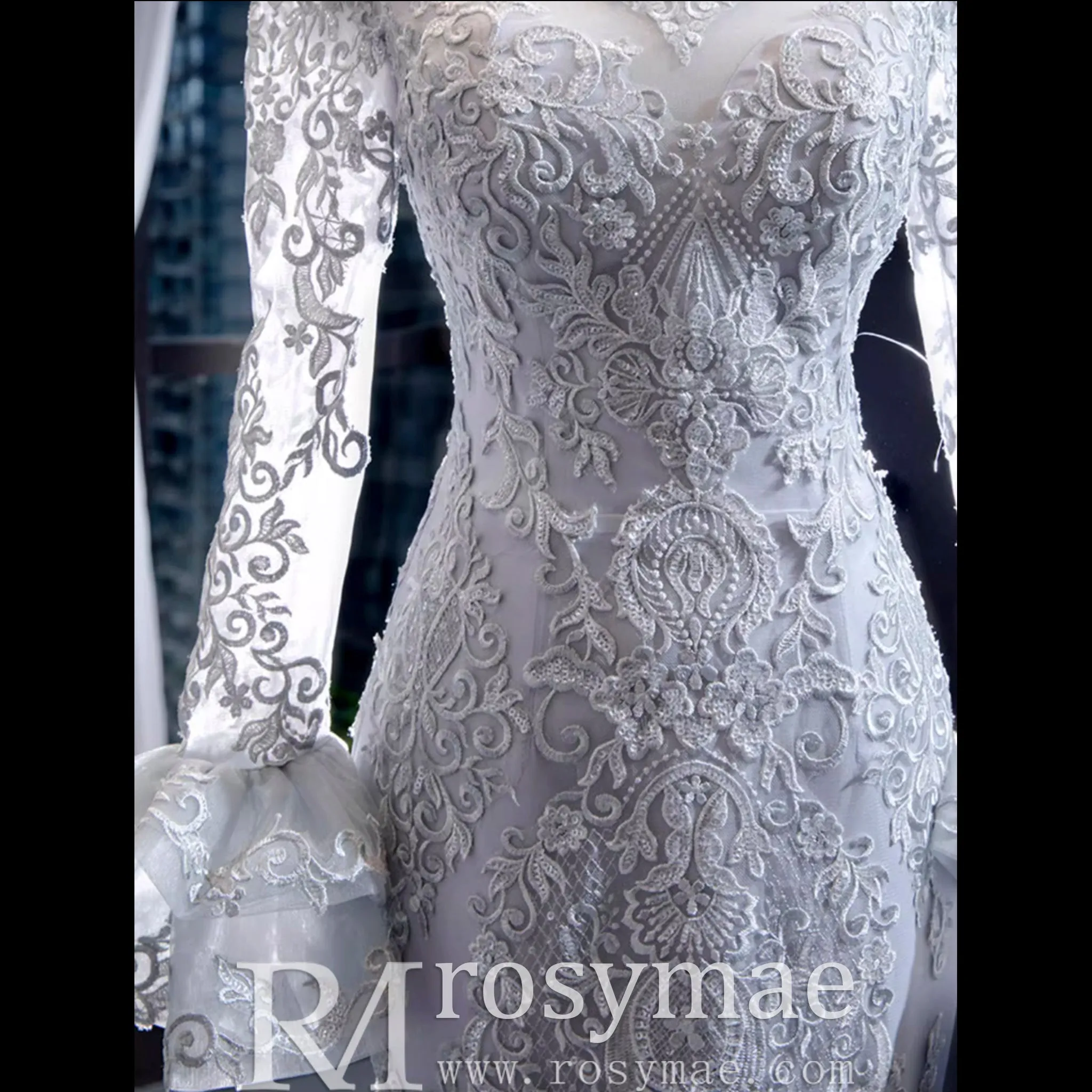 Trumpet Lace Overlay Wedding Dress With Long Sleeve