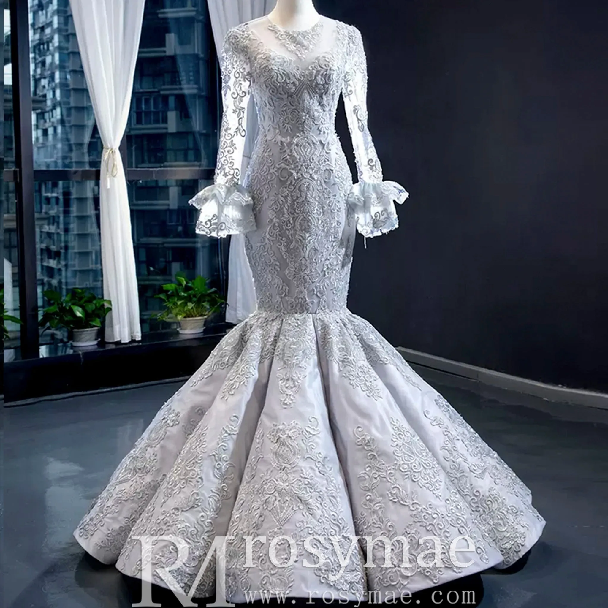 Trumpet Lace Overlay Wedding Dress With Long Sleeve