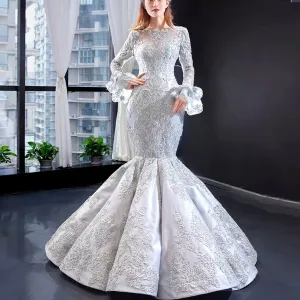 Trumpet Lace Overlay Wedding Dress With Long Sleeve