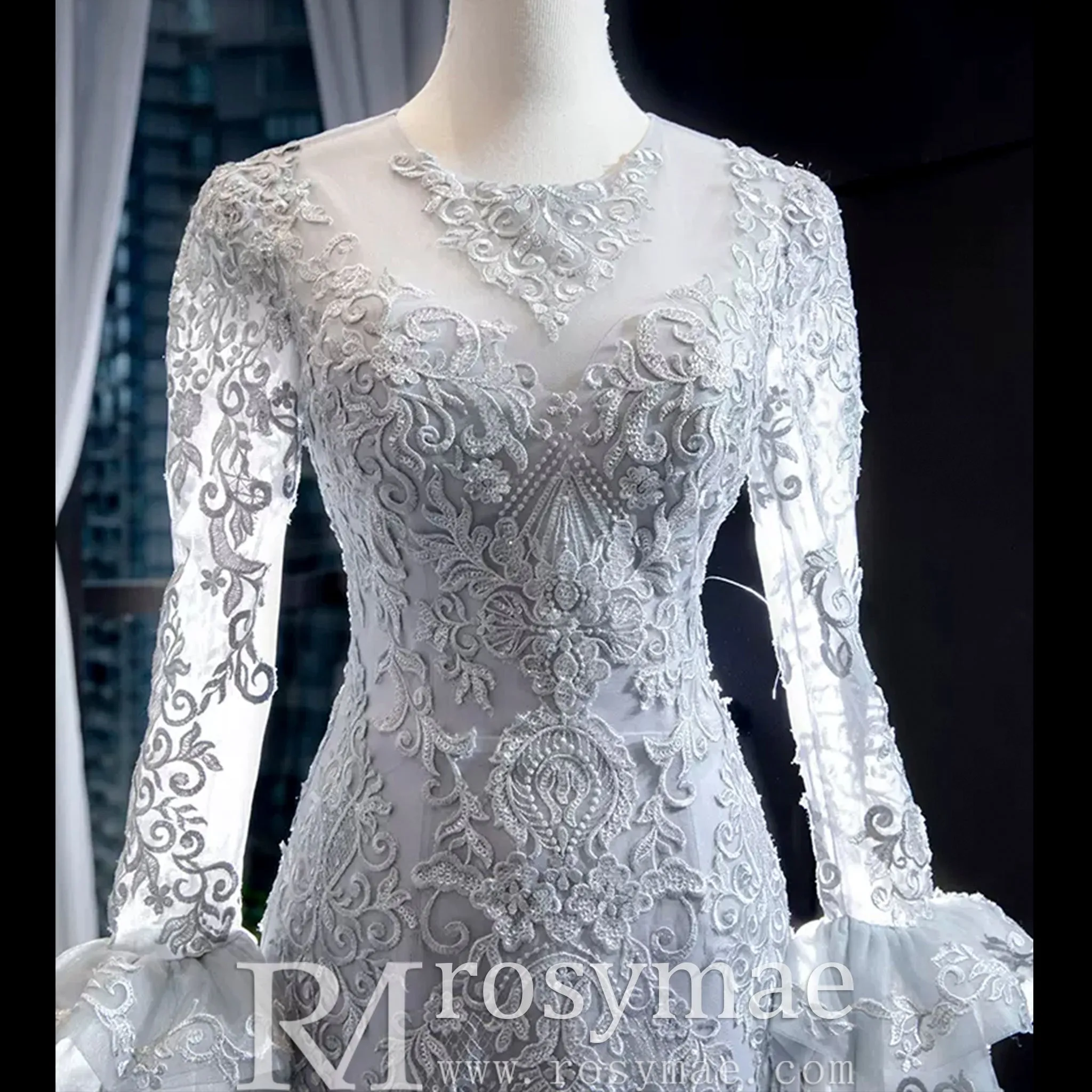 Trumpet Lace Overlay Wedding Dress With Long Sleeve