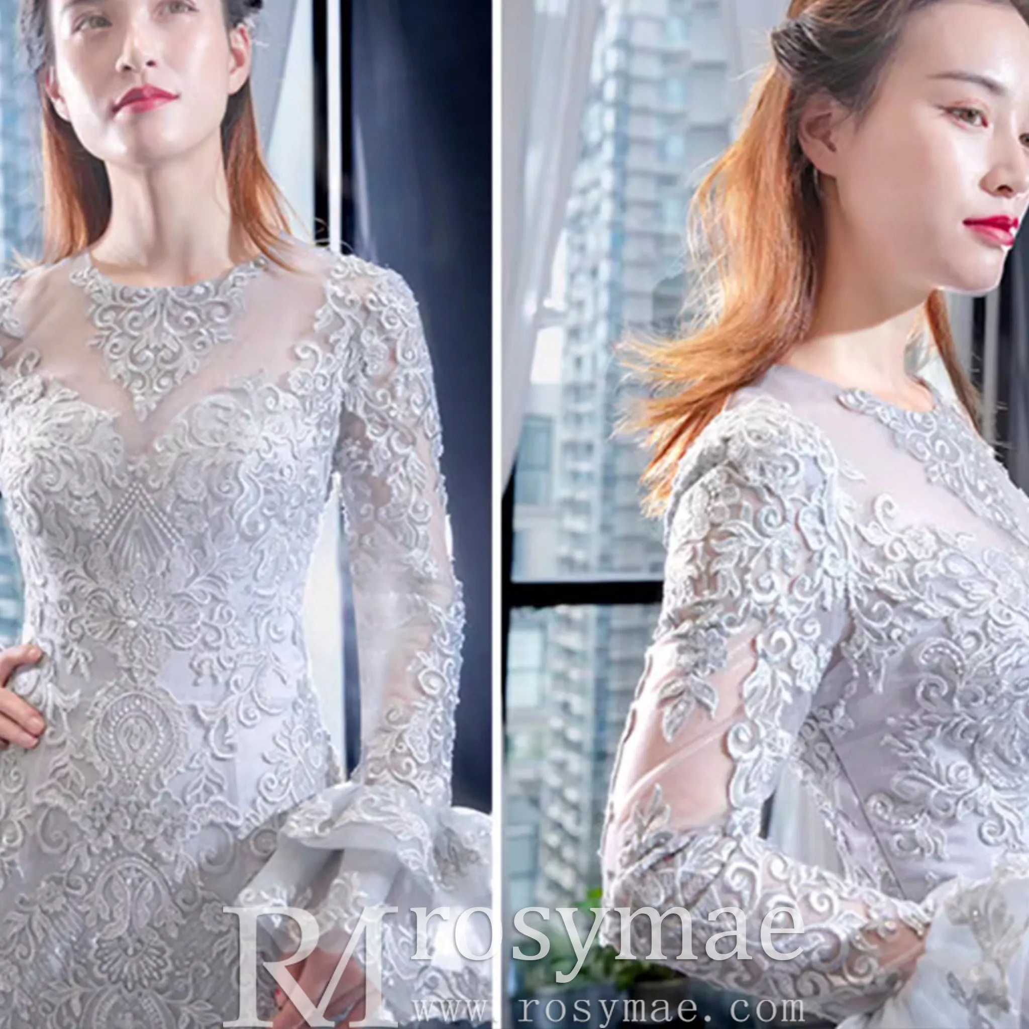 Trumpet Lace Overlay Wedding Dress With Long Sleeve