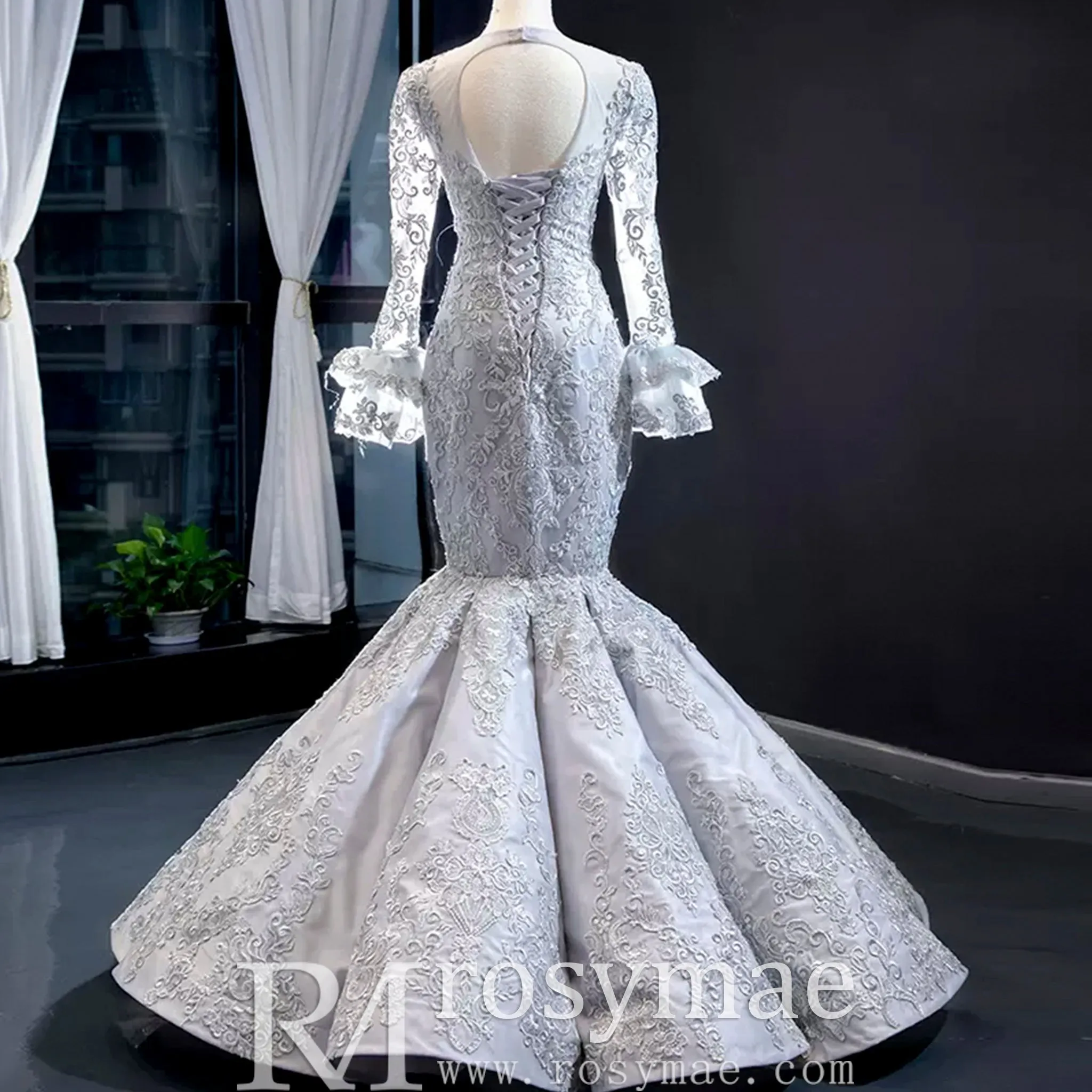 Trumpet Lace Overlay Wedding Dress With Long Sleeve